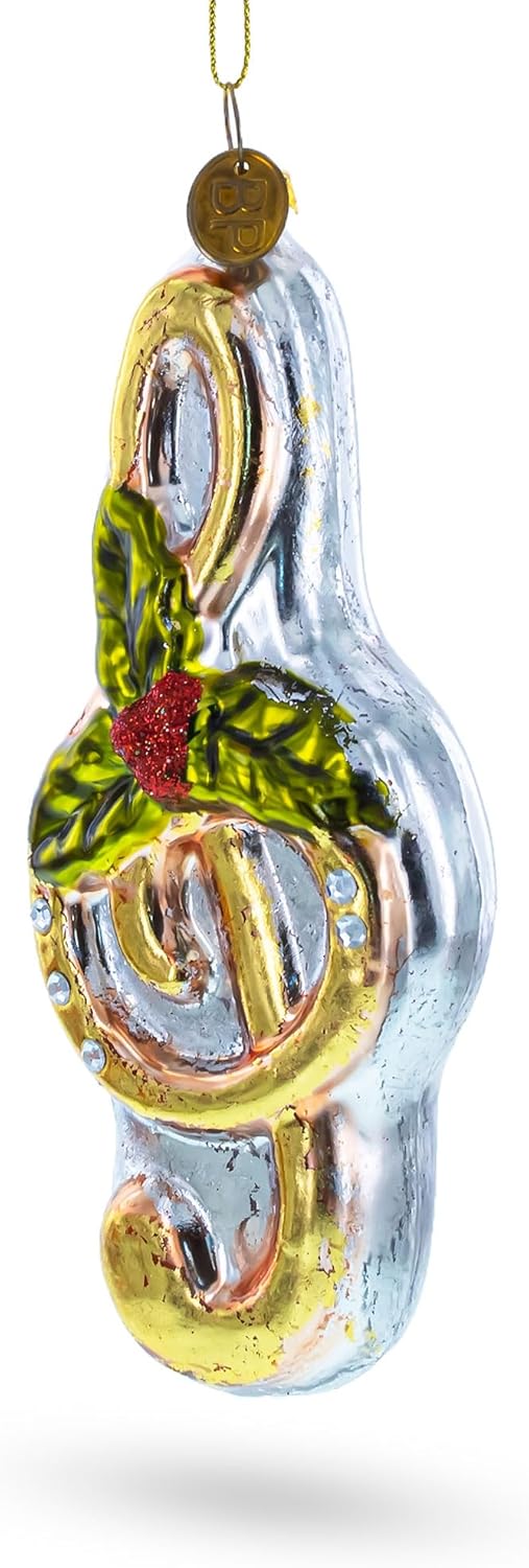 Melodic Musical Note with Poinsettia Blown Glass Christmas Ornament