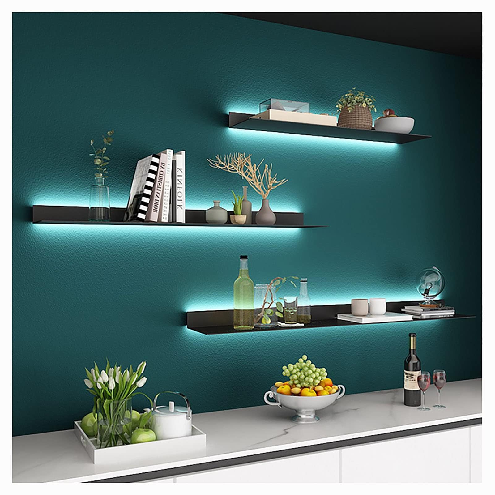 CWCQGH Floating Wall Mounted Display Shelves with Built-in LED Light for Living Room, Bathroom, and Entrance Bar Countertop Storage,60cm