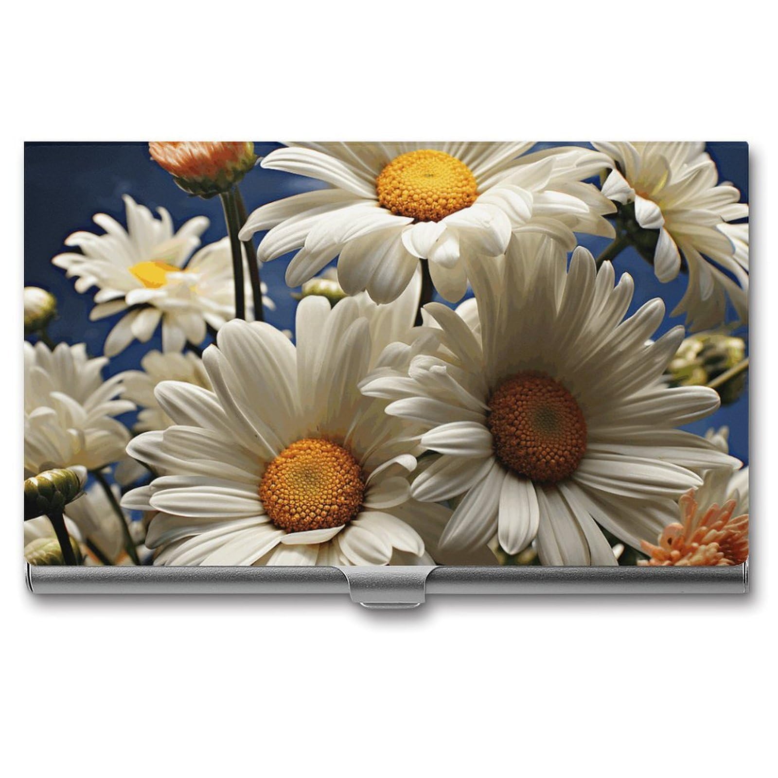 BTCOWZRV Floral Daisy Business Card Holder Metal Slim Business Card Case, Pocket Card Holder for Men Women Purse Name Card Holder Stainless Steel Wallet Credit ID Case for Office