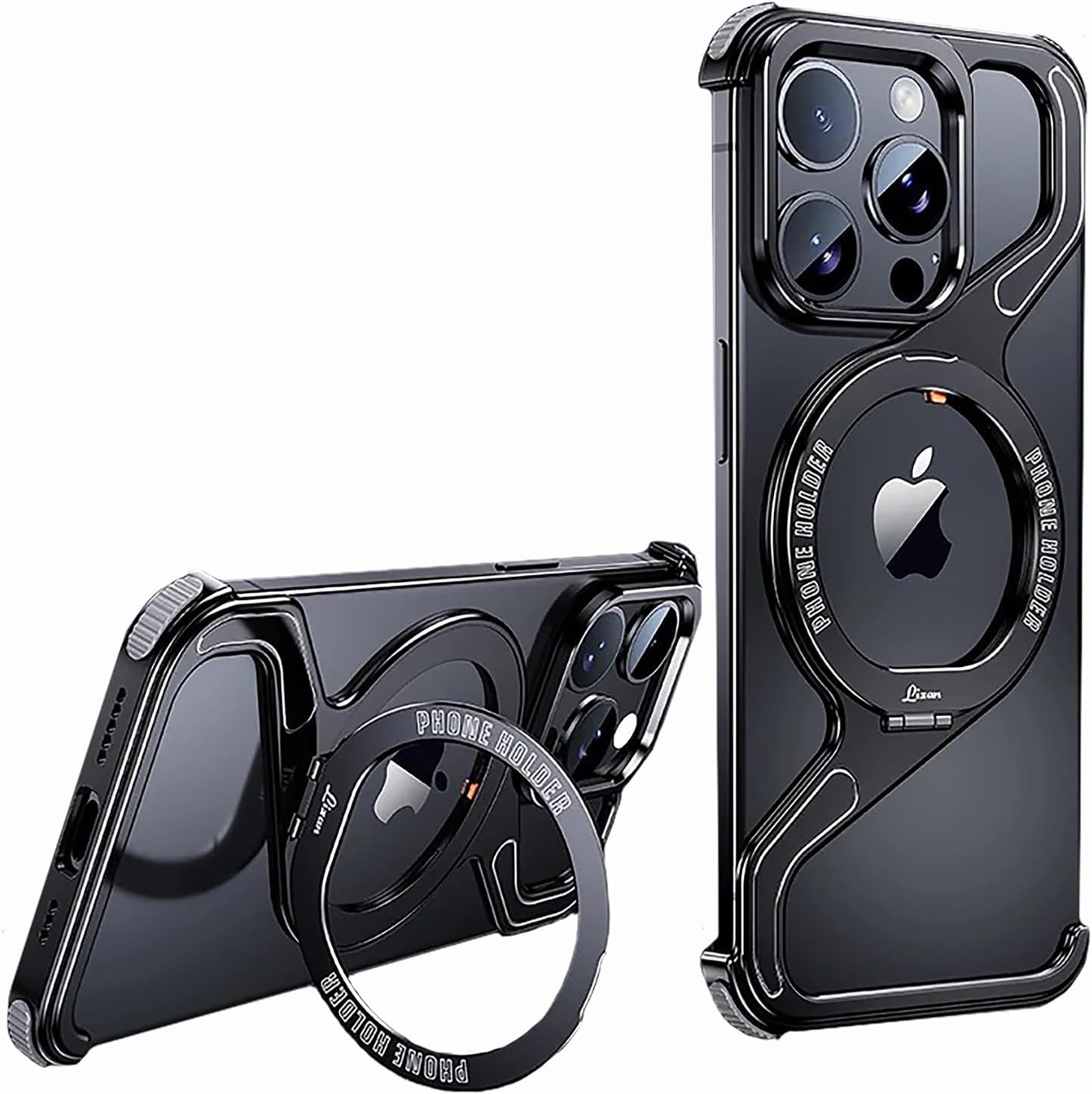 NALACAL Minimalist Phone Case, for IPhone15 promax Mobile Phone Case Creative Skeleton Z-Shaped Anti-Fall Heat Dissipation Metal Frameless Magnetic Bracket (Black,iPhone 15 Pro Max)