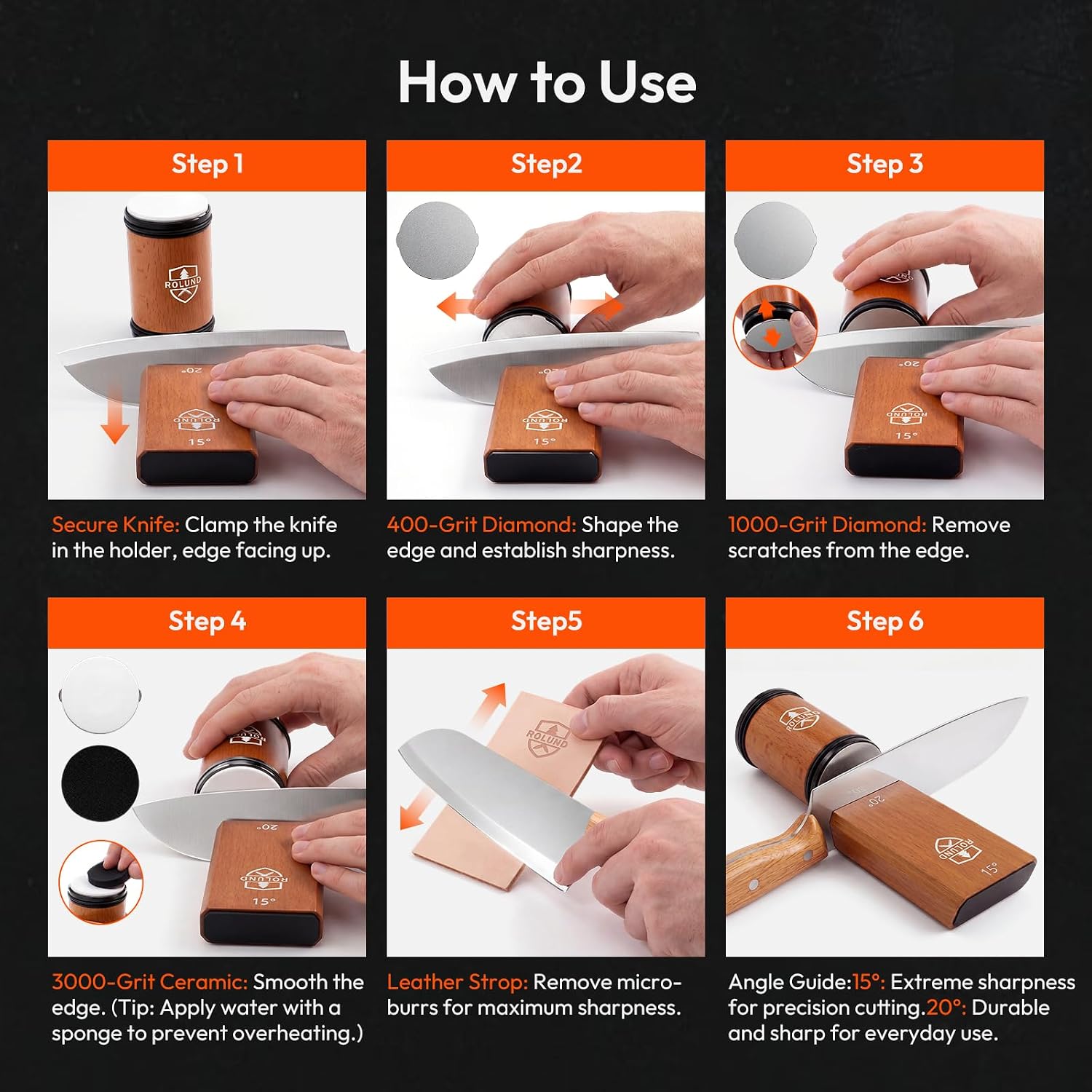 Rolling Knife Sharpener Kit Diamond & Ceramic 15°/20° | Easy-to-use manual sharpening tool for kitchen and chef knives with a magnetic angle guide designed for beginners