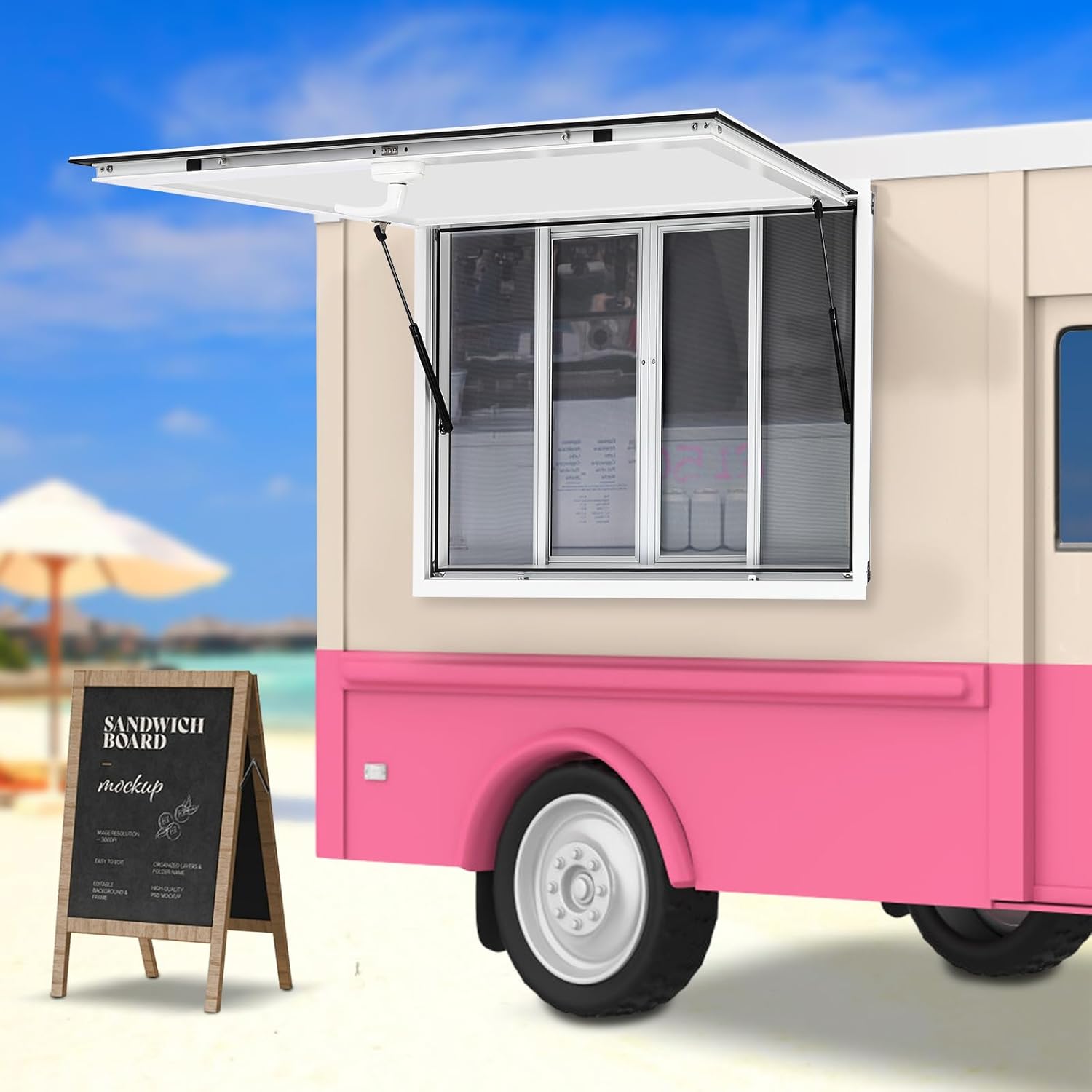 Food Truck Concession Window, Aluminum Alloy Food Truck Window with 4 Horizontal Sliding Screen Windows, Awning Door and Drag Hook for Food Trailer (48 x 30 inch)