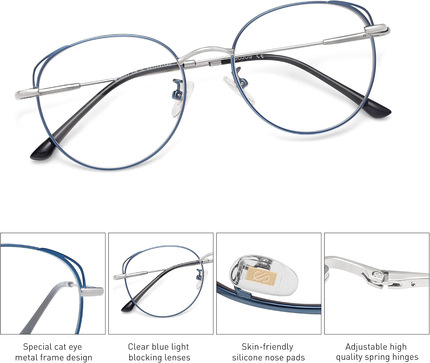 SOJOS Cat Eye Blue Light Blocking Glasses Hipster Metal Frame Women Eyeglasses She Young Matte Blue and Silver Frame Anti-Blue Light Lens