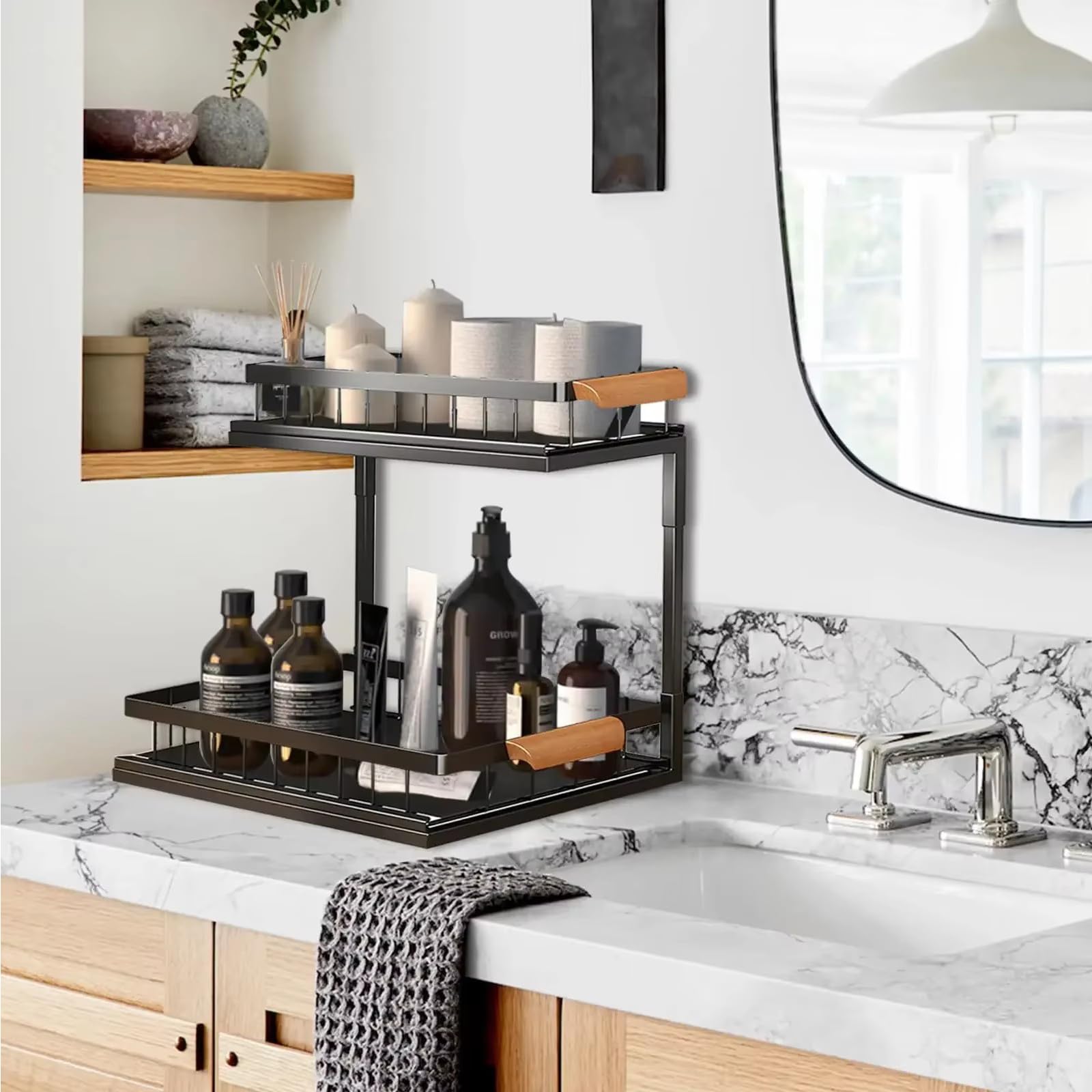 2 Paquete Organizador Bajo Fregadero Cocina Metal, 2 Niveles Organizador Bajo Fregadero, Rganizador Bajo Fregadero Almacenaje bajo Fregadero para Cocina, Baño,Negro