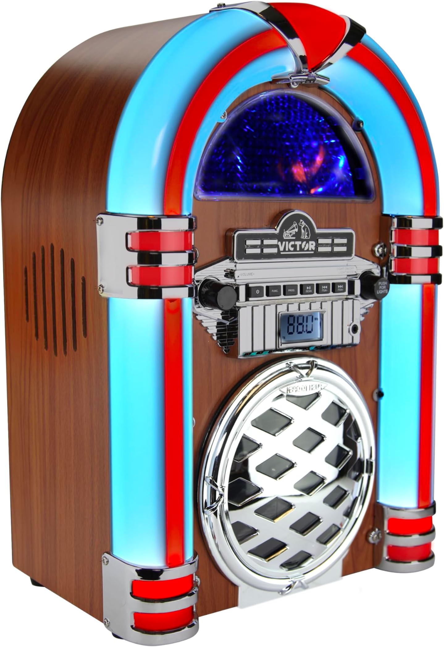 - Victor Retro Bluetooth Jukebox with CD Player & FM Radio | 15-Inch 1950s Diner Style Tabletop Speaker, Color-Changing LED Lights, 33ft Wireless Streaming & AUX Input