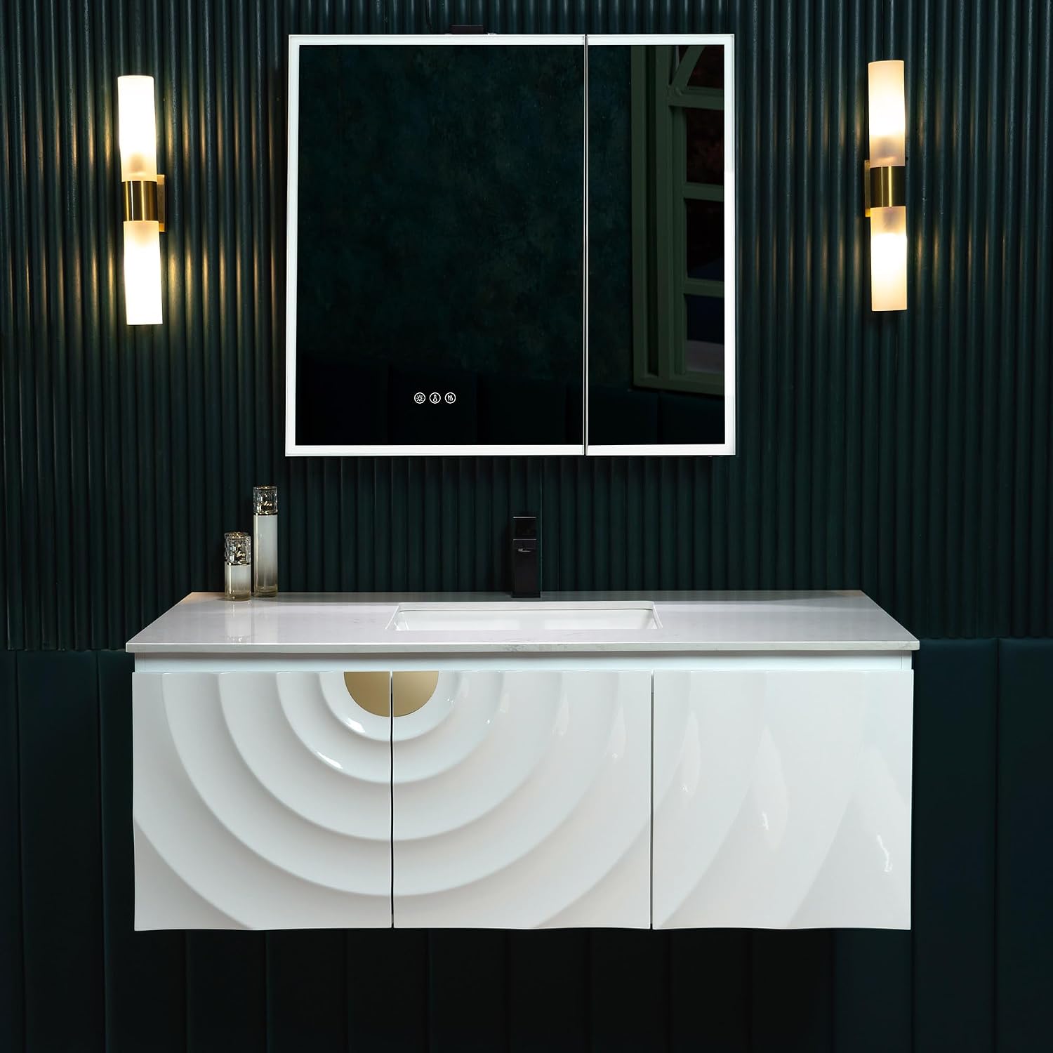 Woodbridge 48"x22" Wall Mounted Vanity with Double Ceramic Undermount Sinks,White Engineered Stone Top,Floating Design with 3D Wave Pattern Doors and Glossy White Finish — Modern, Space-Saving Design