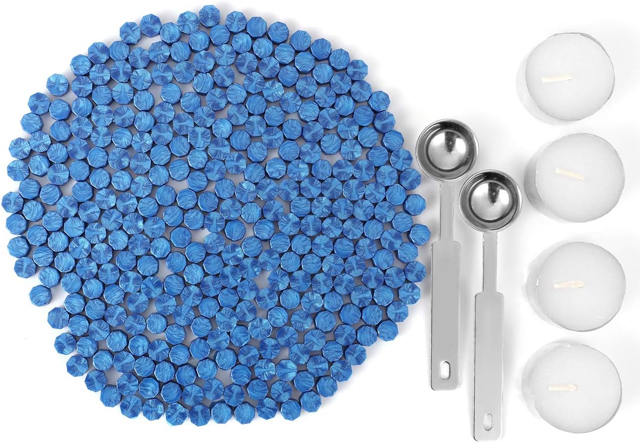 Blue Sealing Wax Beads, Yoption 300 Pieces Octagon Wax Seal Beads Kit with 2 Melting Spoon and 4 Candles for Seal Stamp (Sky Blue)
