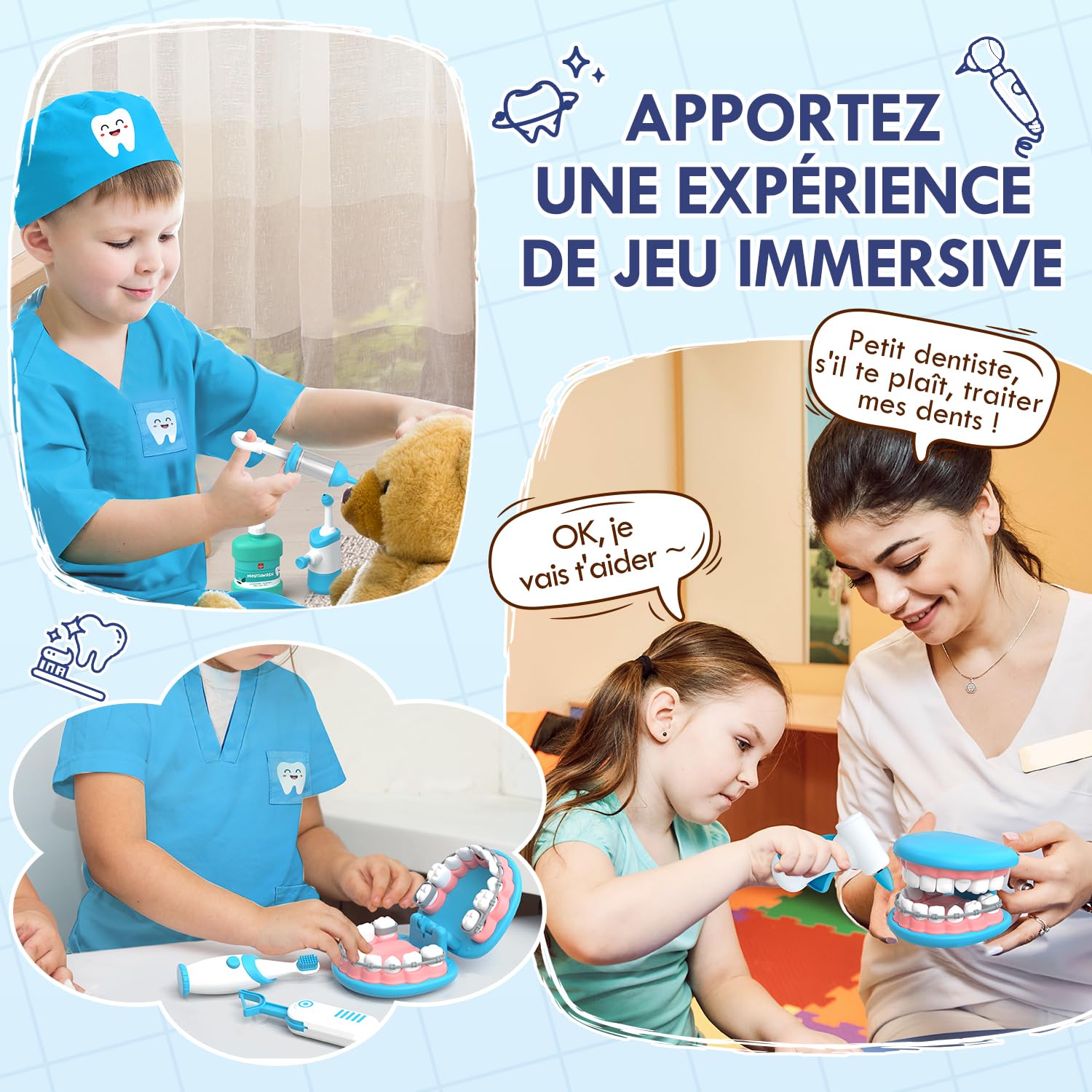 Lehoo Castle Malette Docteur Enfant, Kit de Dentiste, Jeux Enfant 3 Ans, Jouets de Dentiste pour Enfants, Kit de Médecin Cadeau pour Filles et Garçons de 3-8 Ans(Bleu)