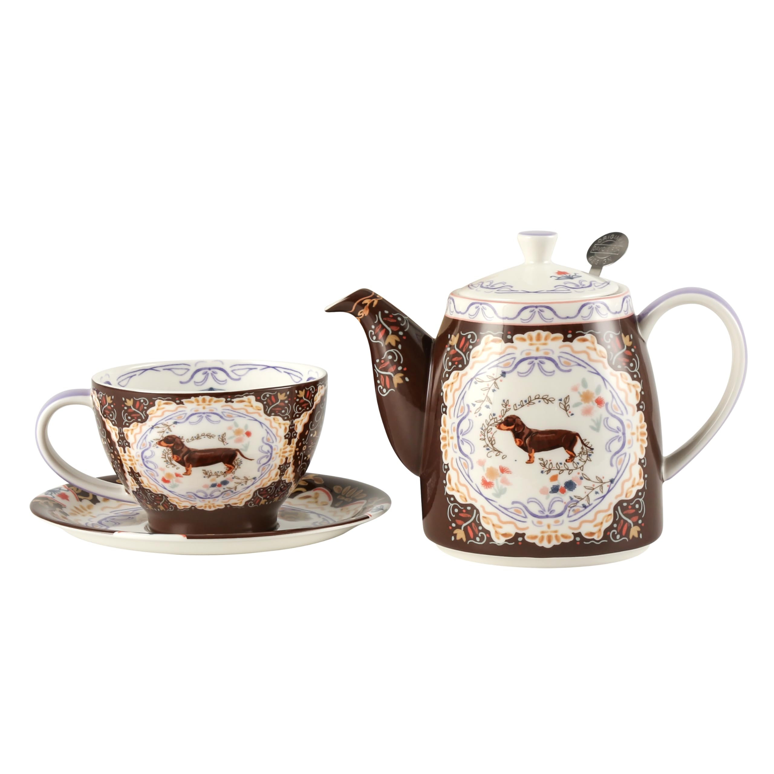 London Pottery Set di teiera, teiera e servizio per uno, in porcellana fine, con motivo animalier, tazza e piattino (cane)