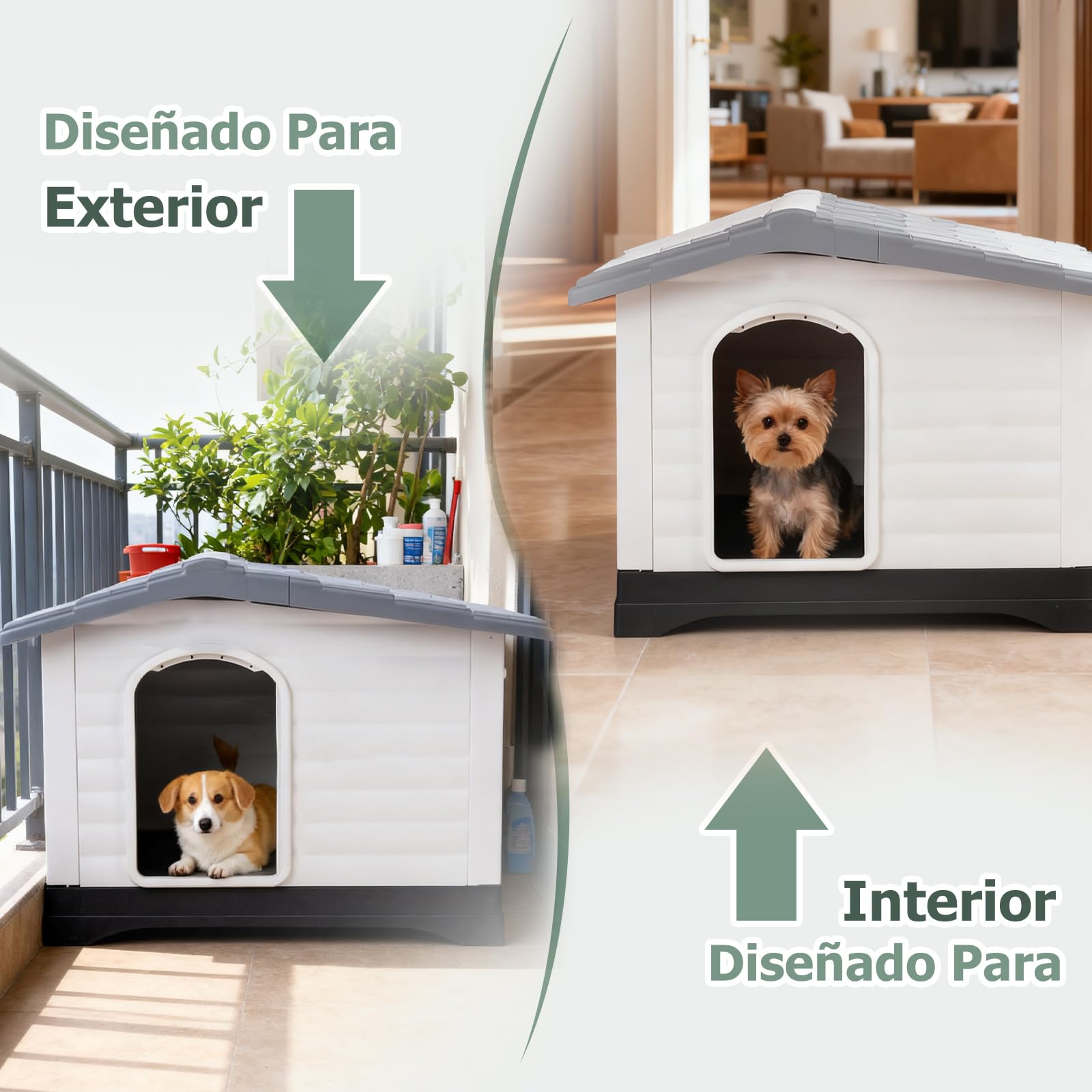 PETCUTE Caseta para Perros,Casa de Plástico para Perros con Techo Inclinado, Lado de Apertura, Fondo de Drenaje, Base Aislante, Refugio para Mascotas,Uso Interior y Exterior,Gris