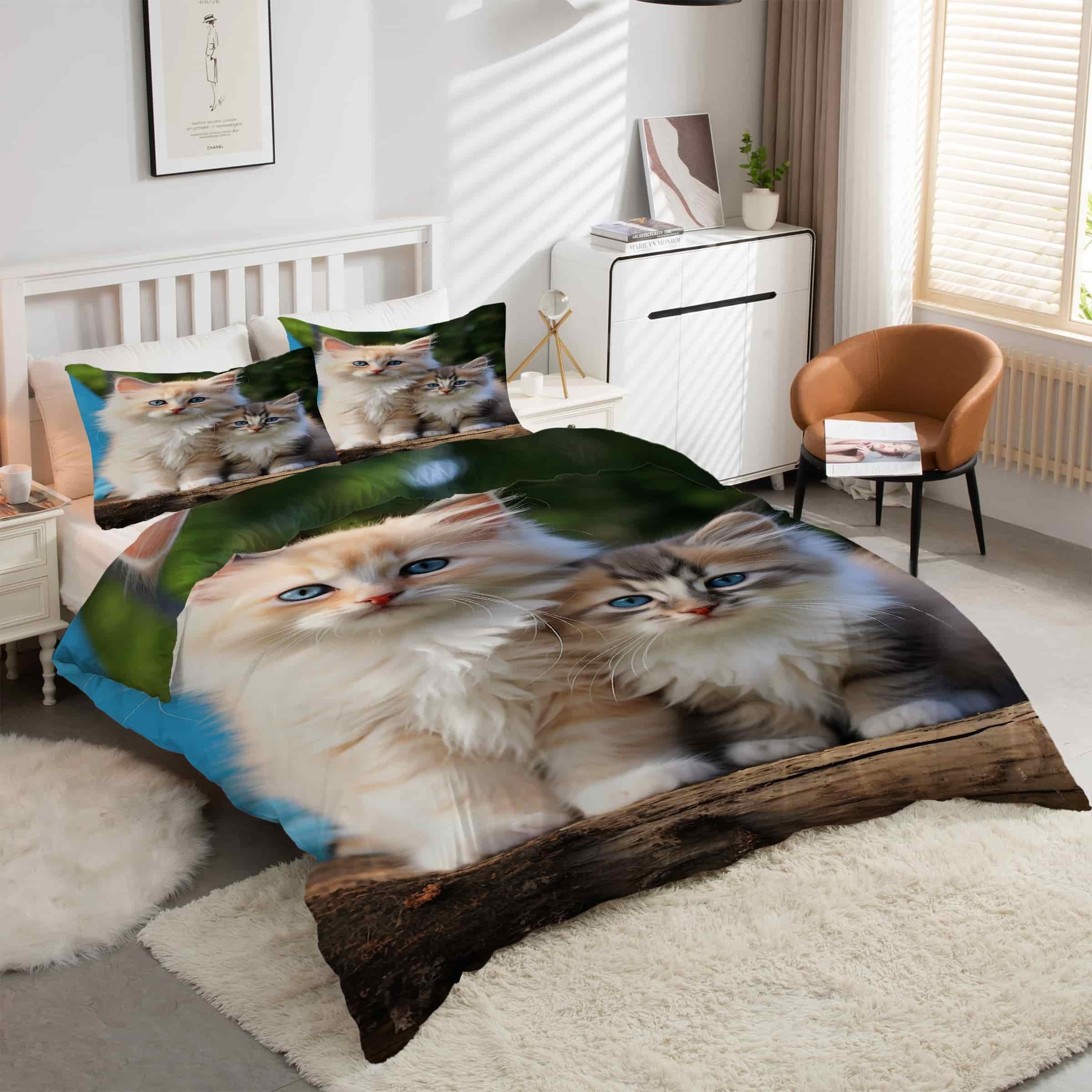 Housse de couette 200x200 chat des forêts parure de lit 3 pièces microfibre zippée