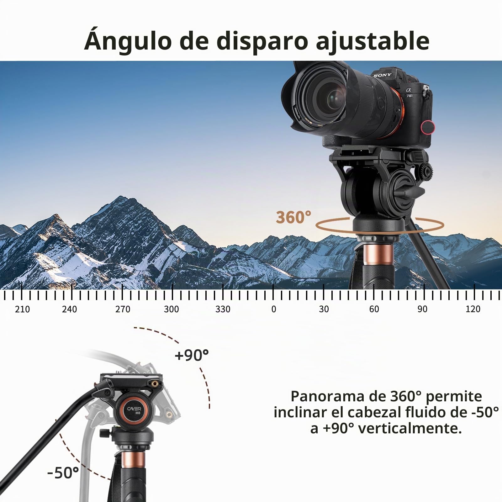 Cayer CF34DV Monopod para Video Profesional Cámara telescópica de Fibra de Carbono de 71 "Monopod con Cabezal de Movimiento de inclinación Horizontal y Base de trípode de 3 Patas