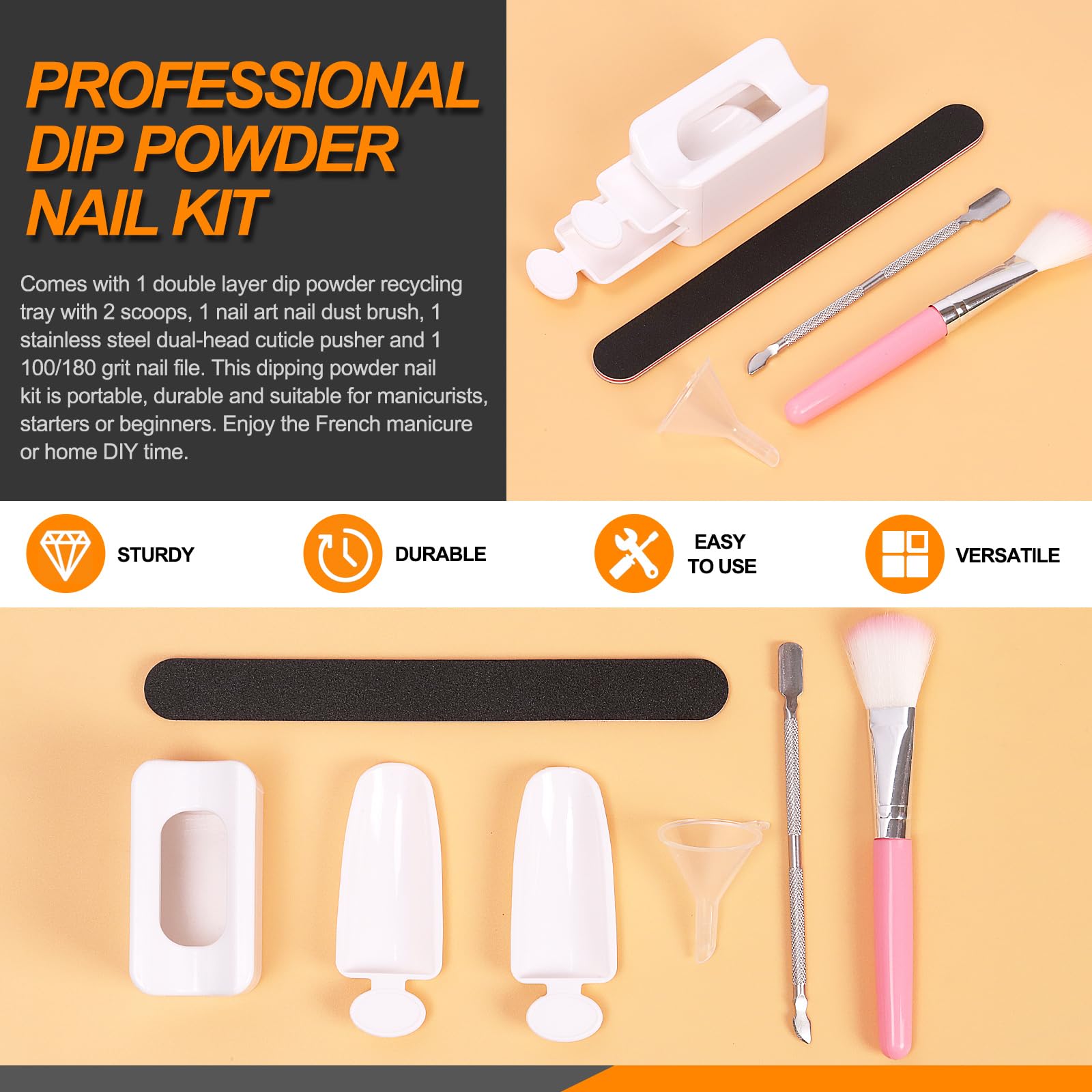 Rustark 7Pcs Nail Dip Powder Recycling Tray Kit Includes Dip Powder Tray with Scoop, Nail Dust Brush, Nail Cuticle Pusher - Image 3