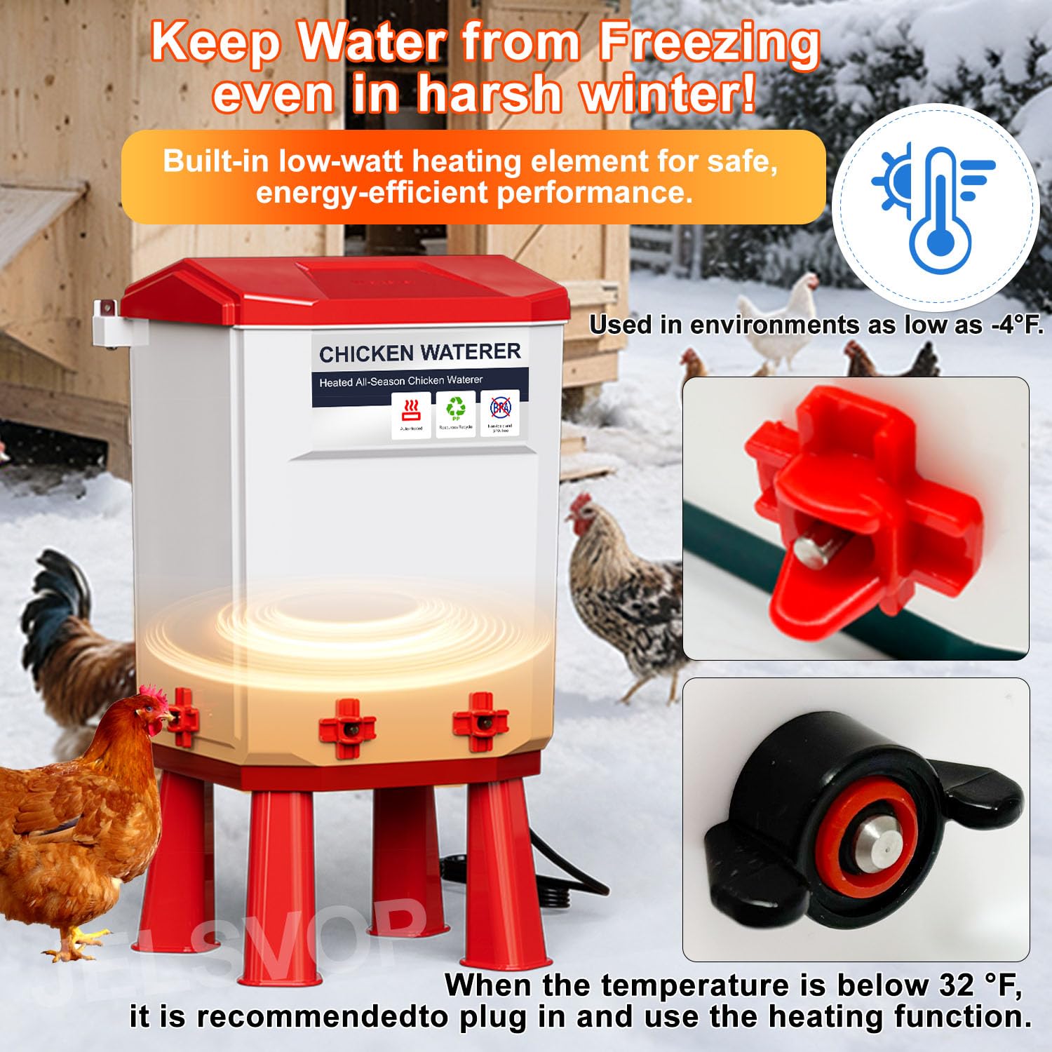 Abbeveratoio riscaldato per pollo, 7 l, secchio invernale con 4 bevitori di capezzoli, antigelo, doppio uso, bevitore automatico di pollame riscaldato per Coop (rosso)