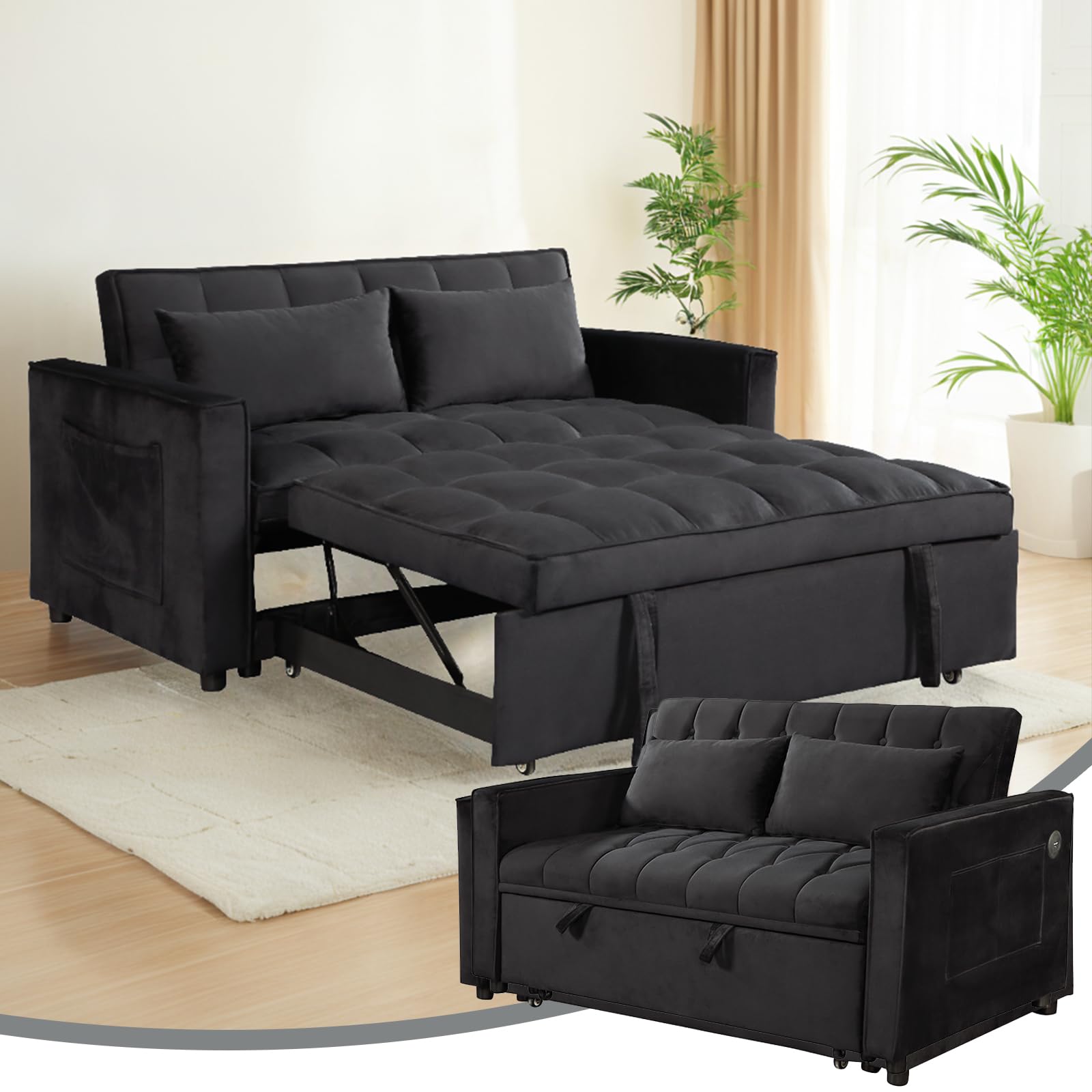 Convertible Sofa Bed, 3-in-1 Futon Sleeper with Pull-Out Bed, Modern Velvet Sleeper Sofa with Adjustable Backrest and Side Pocket, Sofa Bed Couch for Living Room Apartment, Black