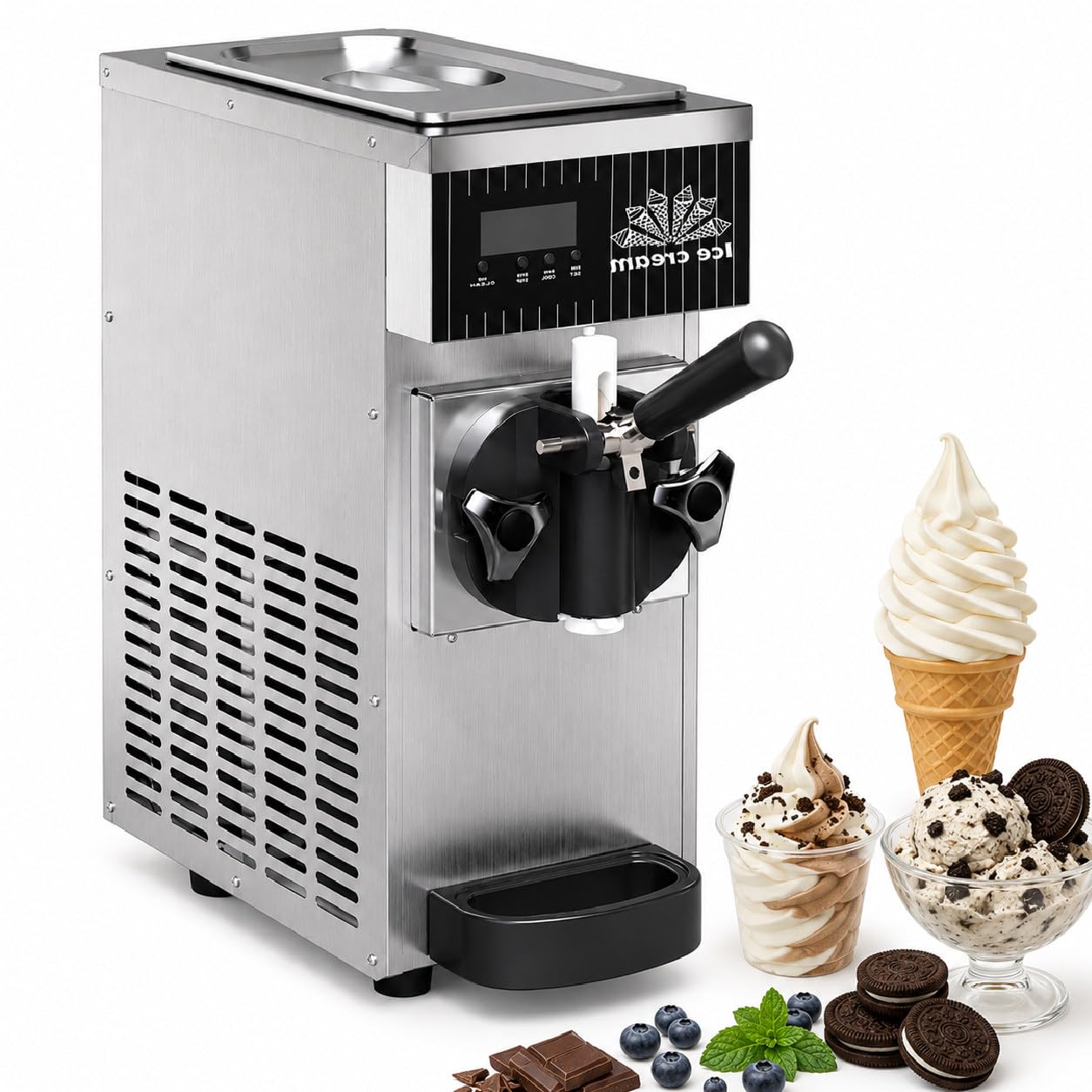 Sushangmao Soft Serve Maker Machine, Commercial Ice Cream Maker, 450W Countertop Ice Cream Machine with 2.5L Hopper, LCD Control, Auto Clean for Restaurants & Dessert Shops Silver