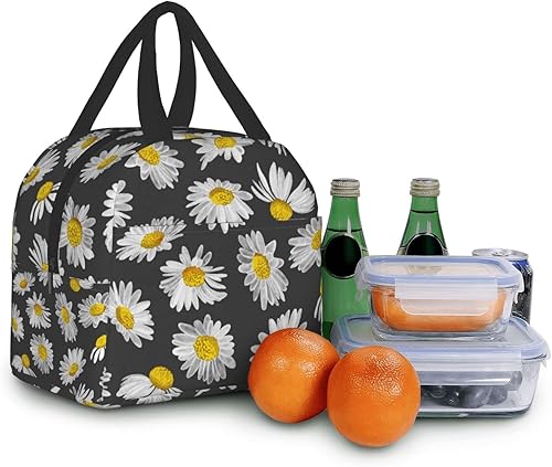 Miniatura 8 de Lonchera con estampado de margaritas negras, bolsa de almuerzo con aislamiento pequeño, bolsa de comida reutilizable, bolsas de almuerzo para