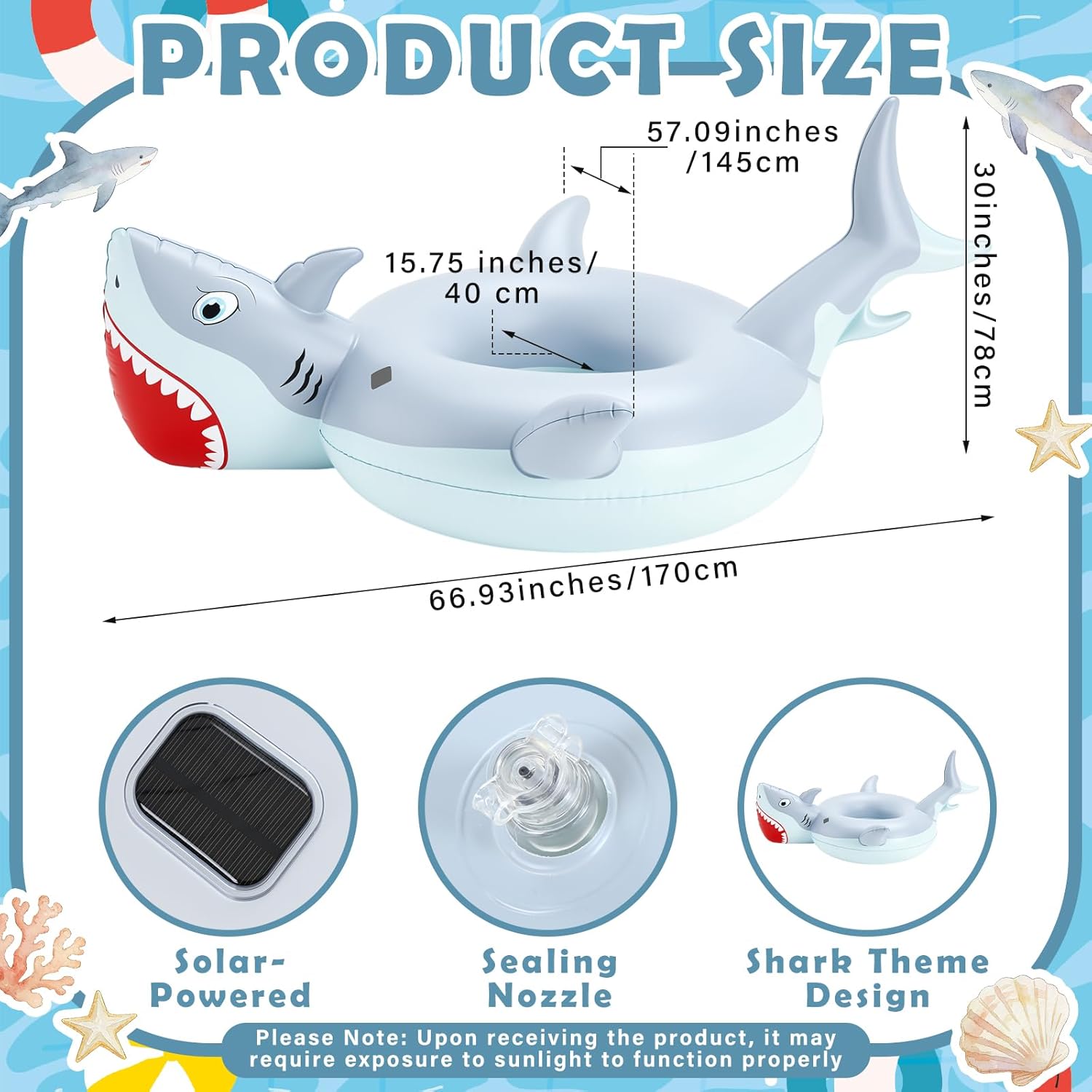 Shark Inflatable Pool Float with Lights Solar Powered Shark Pool Floaties for Adults 67" Large Swim Tube Ring LED Glow in The Dark Swim Float for Summer Water Beach Lounge Party Supplies