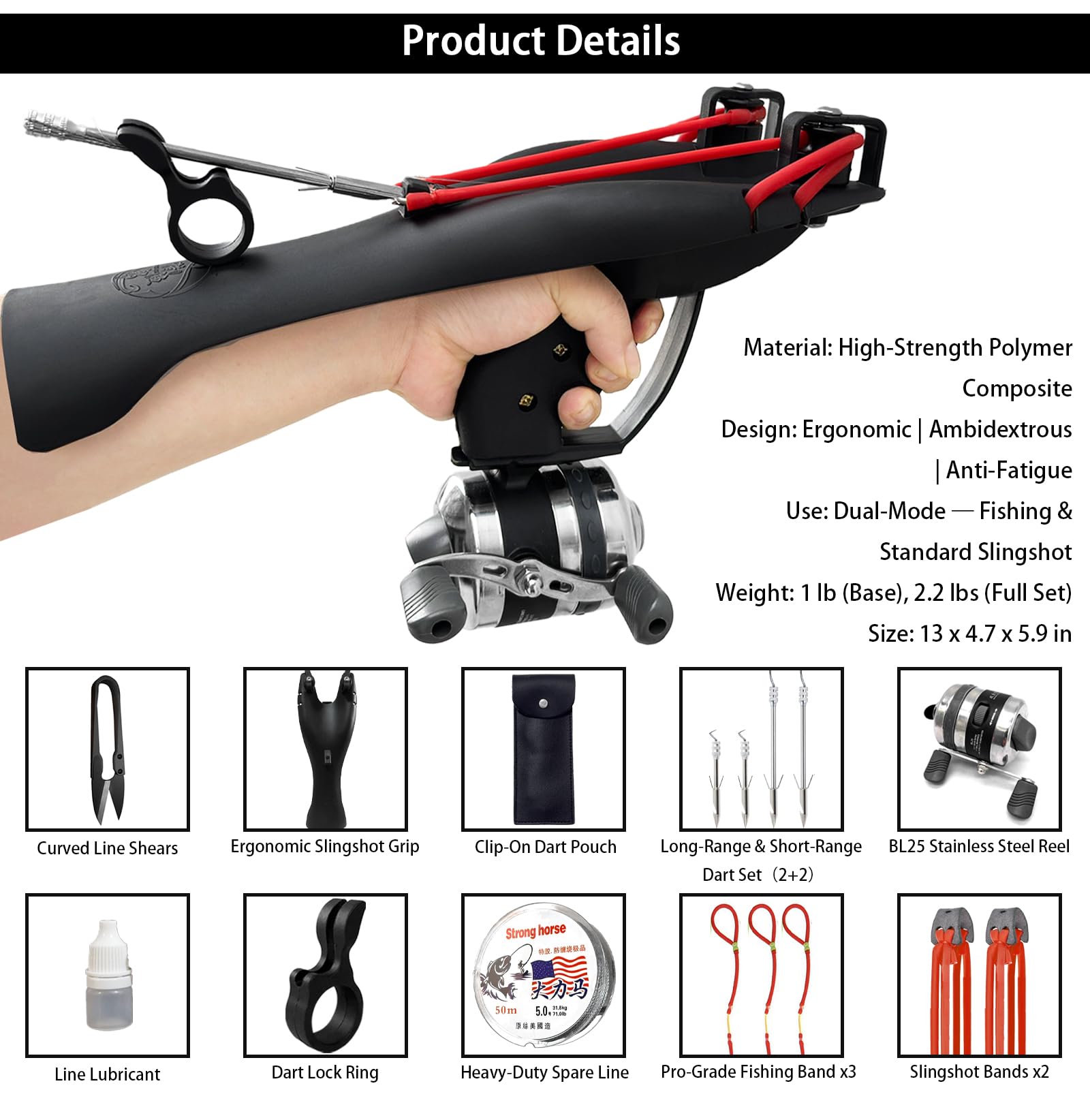 TIETHEKNOT Fishing Slingshot with Stainless Steel Reel Ergonomic Ambidextrous Professional Handle DualMode Bands with Dart Pull Ring and LongShort Darts for Range Accuracy Professional Kit