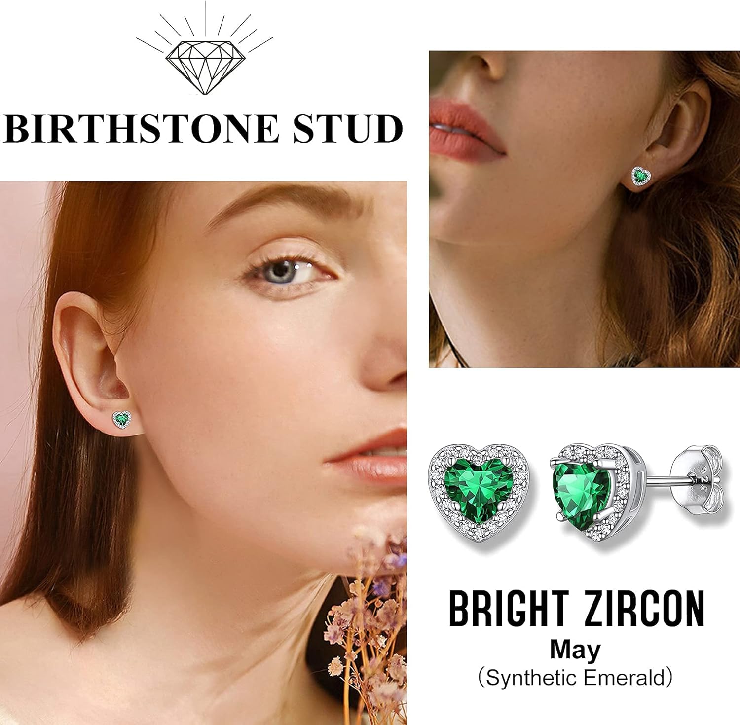 Bestyle Sparkling 925 Sterling Silver Birthstone Stud Earrings for Women, Heart/Round/Teardrop/Square Solitaire Diamond Studs Earrings, Great Birthday/Christmas Gifts
