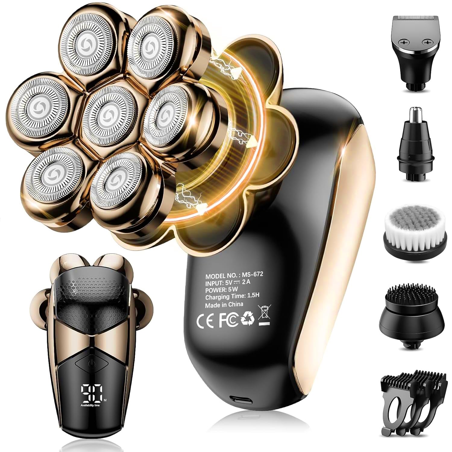 Detachable Head Shavers for Bald Men, SHPAVVER 5-in-1 Electric Shaver IPX7 Waterproof, Wet/Dry LED Display Rechargeable 7D Rotary Grooming Kit with Type-C Charge