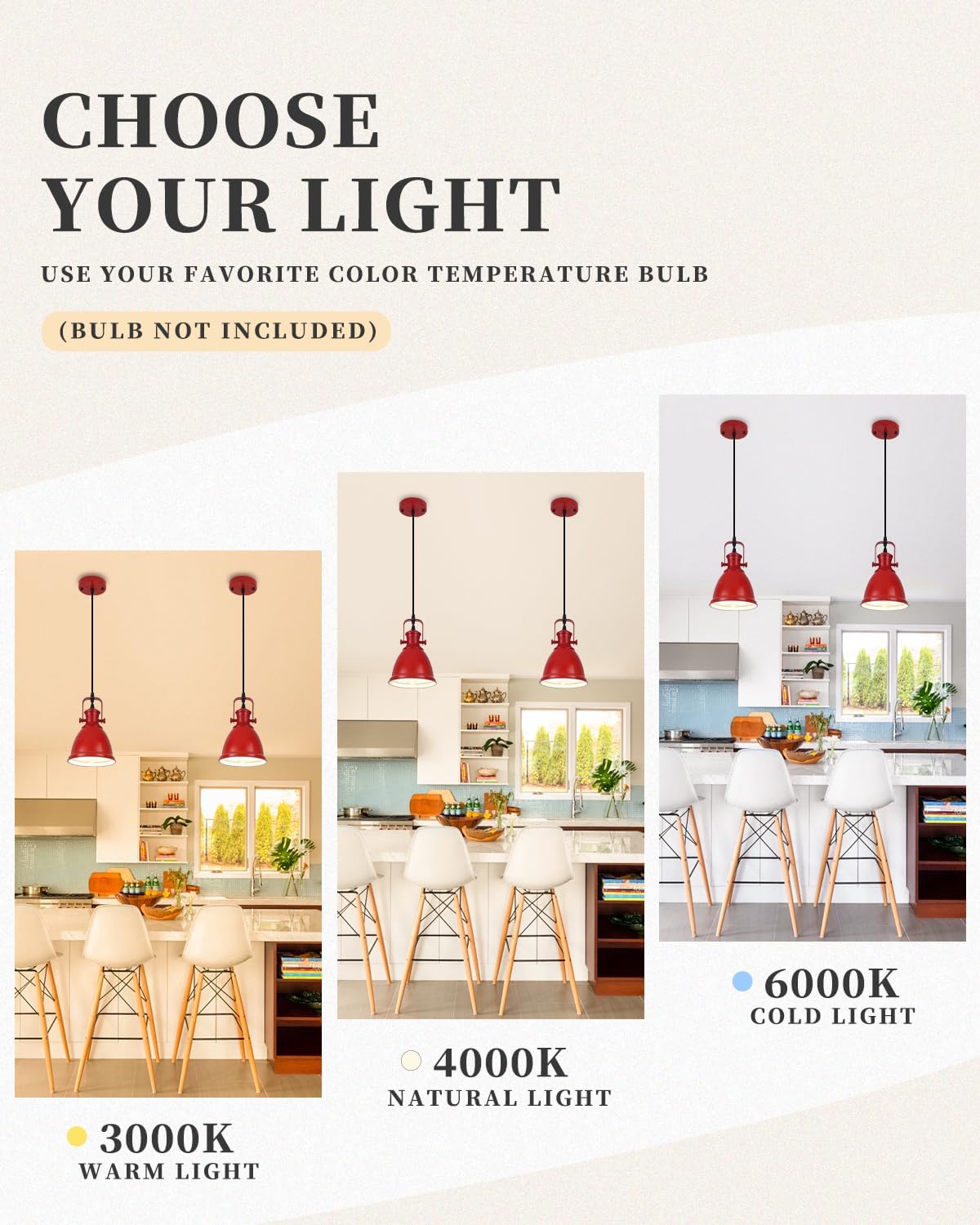 Red Pendant Lights Kitchen Island 3 Pack, Vintage Pendant Light, 6.5’’ Farmhouse Pendant Light Fixtures, Adjustable Height, Pendant Lighting for Dining Room, Living Room, Sink, Bar