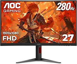 AOC C27G4ZH Monitor de jogos ultrarrápido curvado sem moldura de 27 polegadas, FHD 1080p, 0,3ms 280Hz, HDMI/DP, altura ajustável, garantia de zero pixel morto de 3 anos, preto, compatível com switch