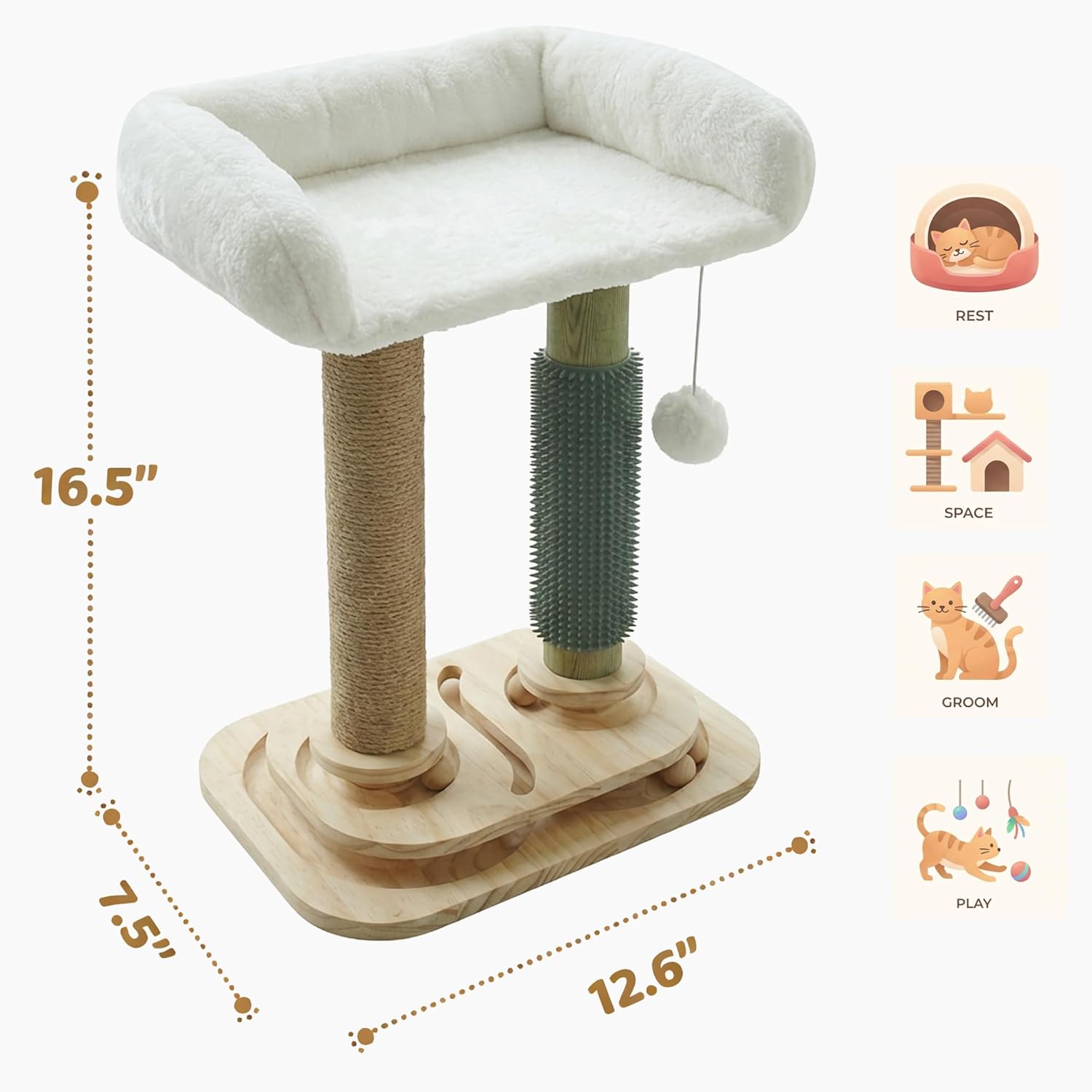 4-in-1 Small Cat Tower with Bed for Kittens, Cat Tree with Cat Self Groomer Brush, Track Balls, Natural Sisal Cat Tower with Interactive Toy, Scratching Post for Indoor Cats