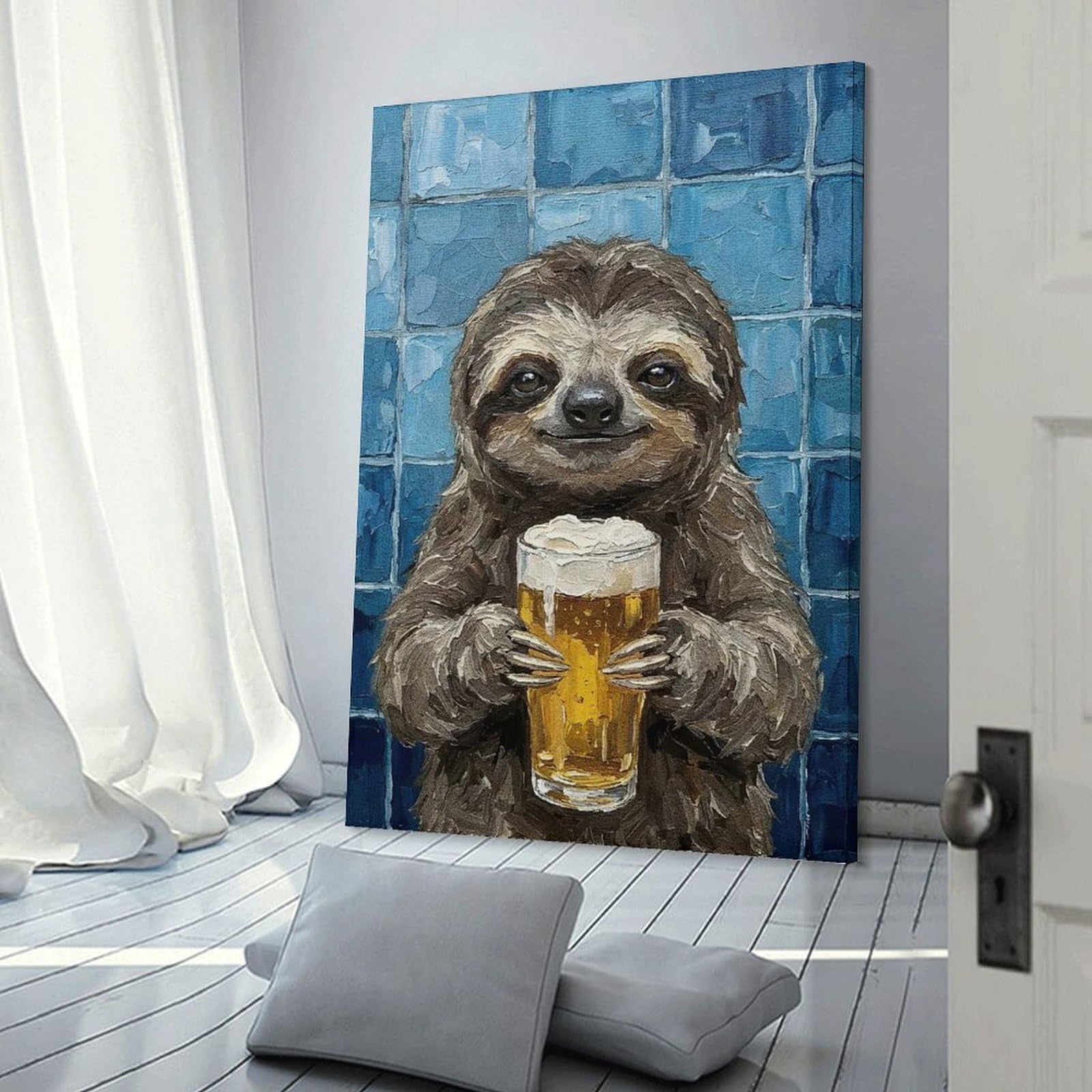 Junmoney Frame-Style Sloth With Beer Painting Room Decor Wall Art 20X30inch(50X75cm), For Entrance Walls, Hall Decor Or Foyers, A Neat Decor Update For Hallways