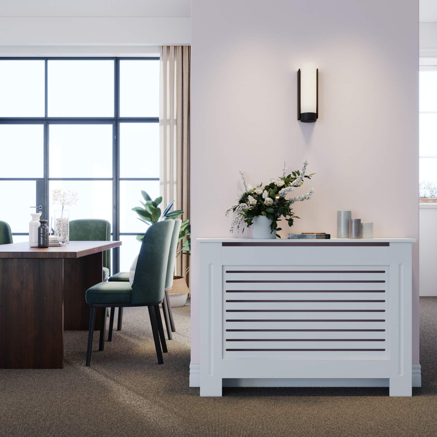 ELEGANT Radiator Cover White, Horizontal Slat Design Radiator Shelve, Wooden Heating Cover, Modern MDF Cabinet for Living Room, Bedroom, Hallway, Medium