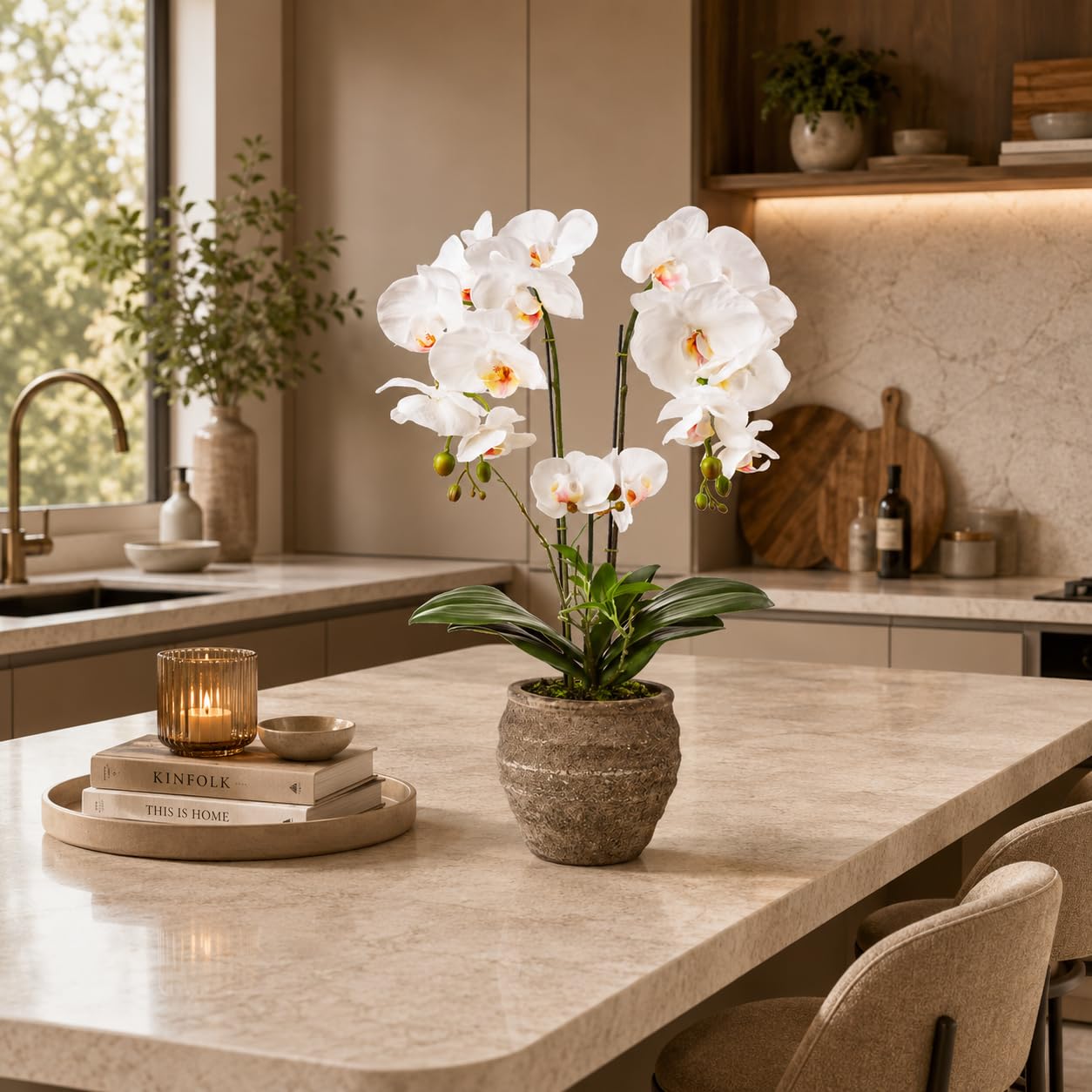 PASCH® Orchidées artificielles (60 cm) dans un pot cube en pierre fait à la main - Fleurs artificielles comme de vraies orchidées artificielles en pot - Fleurs artificielles en pot - Orchidée