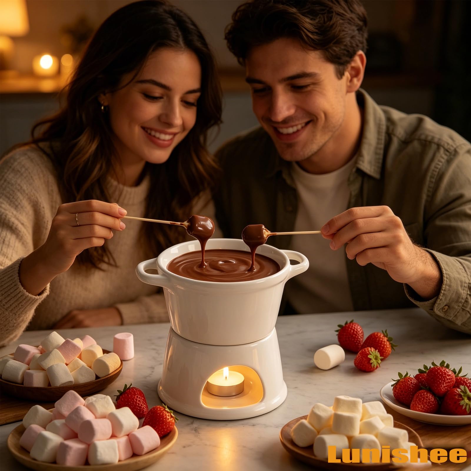 Schokofondue mit Doppelgriff, Schokofondue Tasse mit Gabeln, Keramik Fondue Tasse, Schokoladenfondue für Schokolade, Käse - Wichtelgeschenke