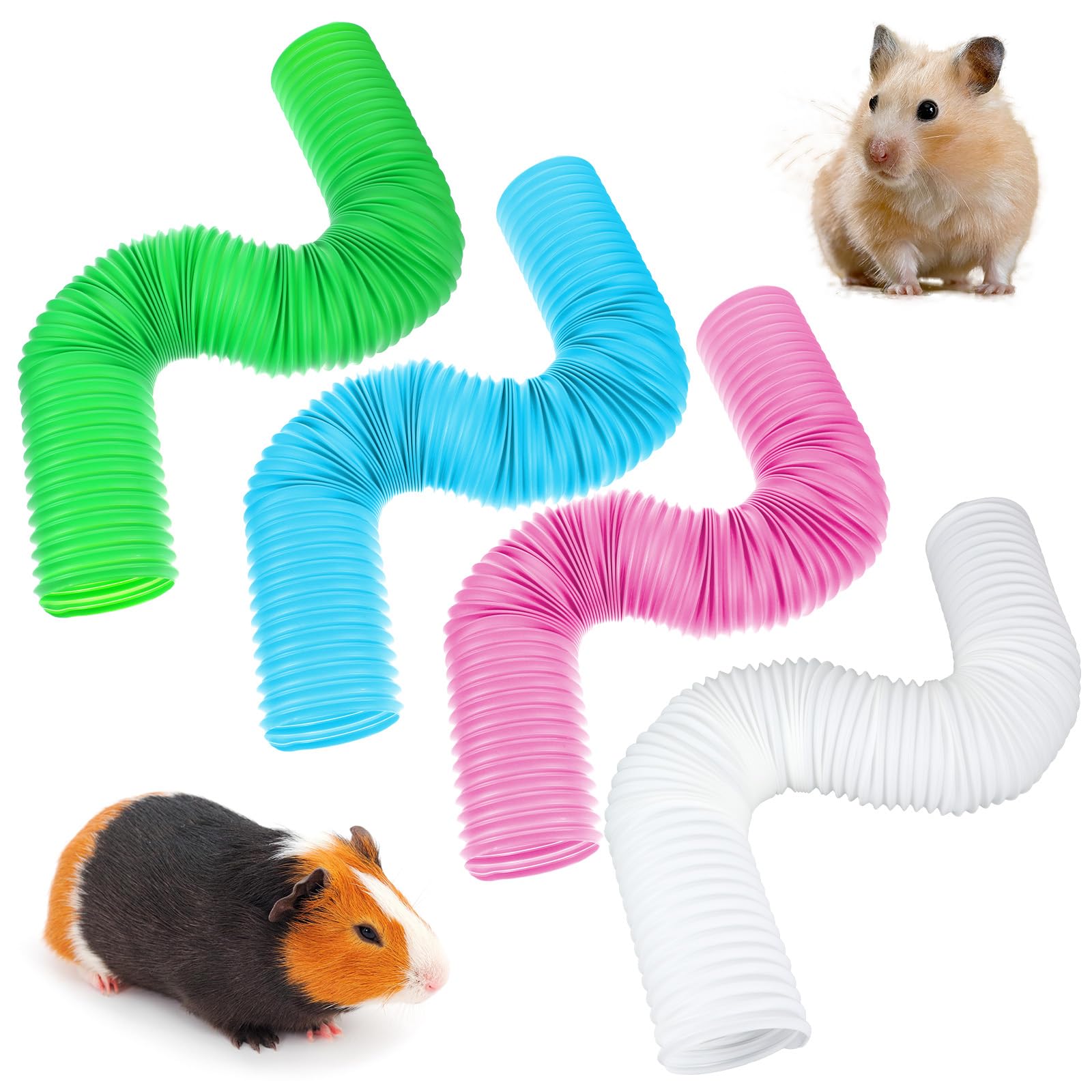 Hamstertunnel, faltbar, Kunststoffrohrspielzeug & Versteck für Hamster, Mäuse, Ratten, Frettchen, Meerschweinchen und andere Kleintiere, 4 Stück (Blau, Grün, Rosa, Weiß)