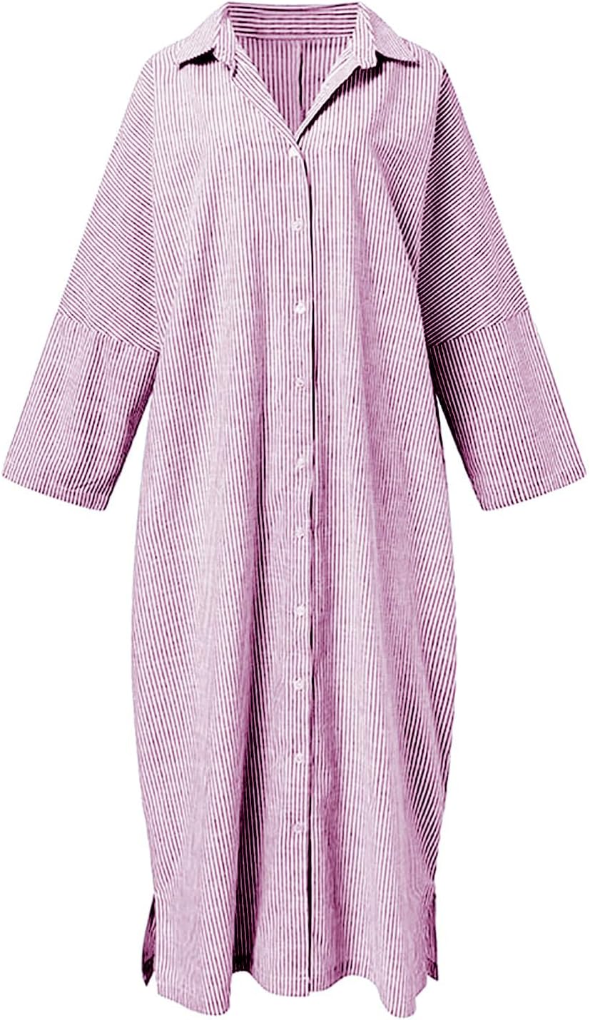 chouyatou Women's Casual Long Sleeve Button Down Loose Striped Cotton Maxi Shirt Dress - Image 3
