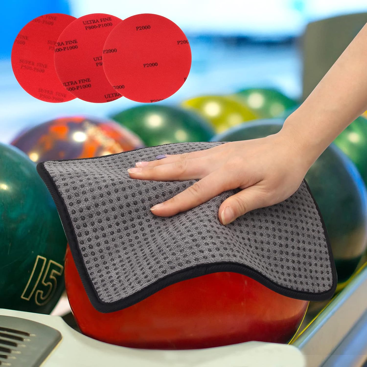 Windspeed 6+1 Pack Bowling Ball Sanding Pads with Bowling Towels, Bowling Ball Cleaning Pad 500/1000/2000 Bowling Ball Grit Pads