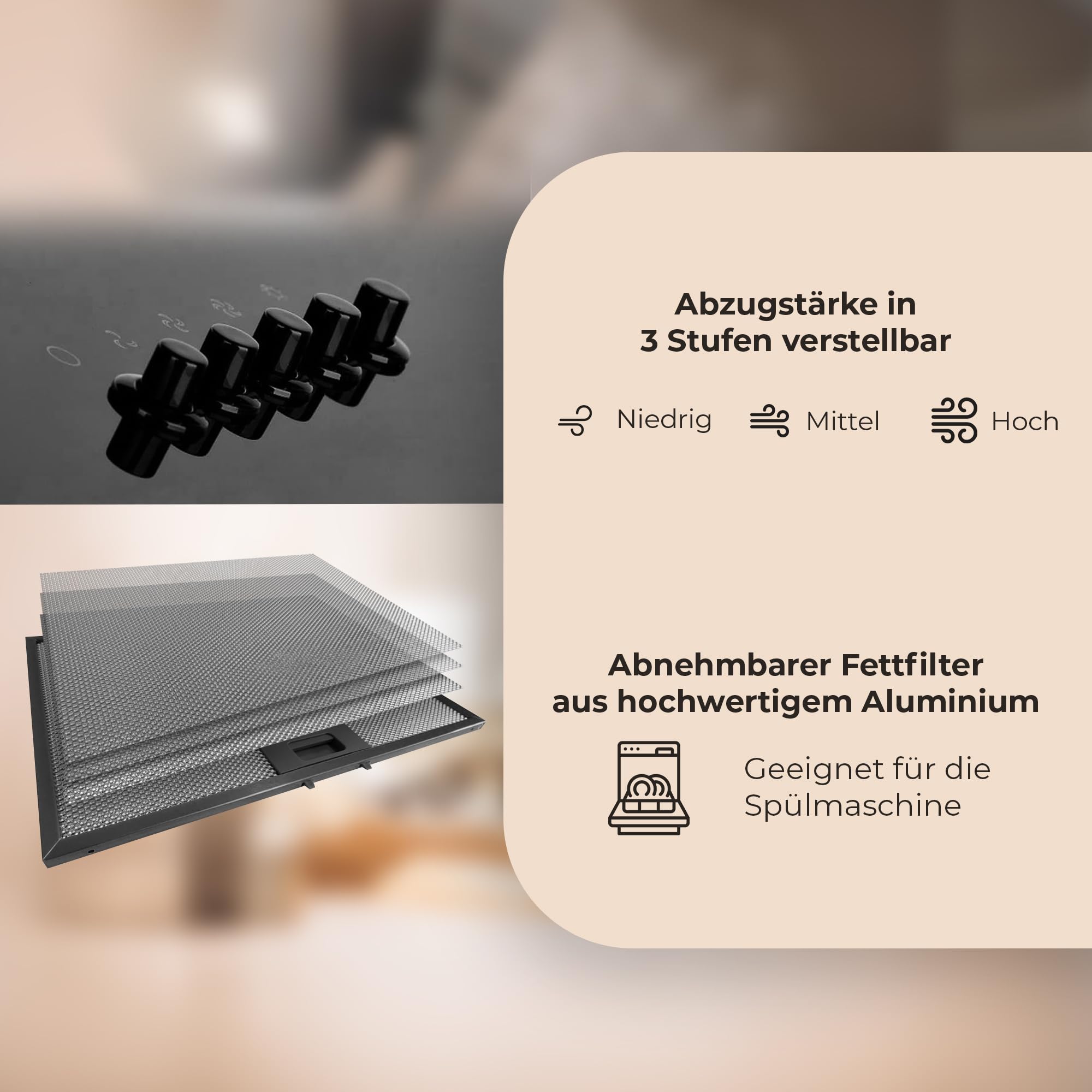 YUNA Dunstabzugshaube DUSANKA 60 cm Schwarz Glasfront 3 Leistungsstufen 47W Motorleistung Energieeffizienz A Abluft Umluft Kopffrei LED Beleuchtung Ohne Kohlefilter Wandhaube