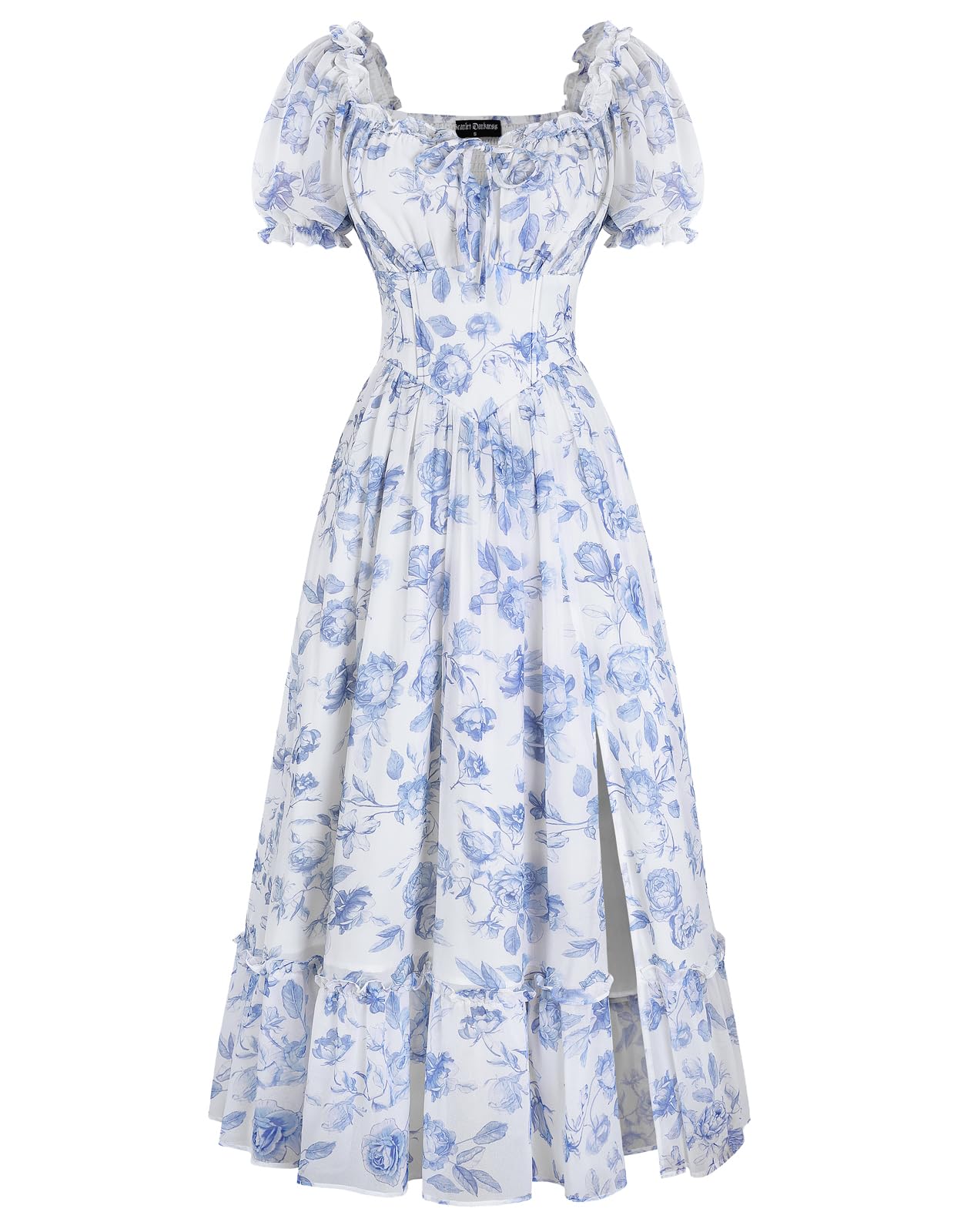 SCARLET DARKNESS Damen Sommer Kleid Boho Seitenschlitz Blumen Freizeitkleider Square Neck Corsagenkleid