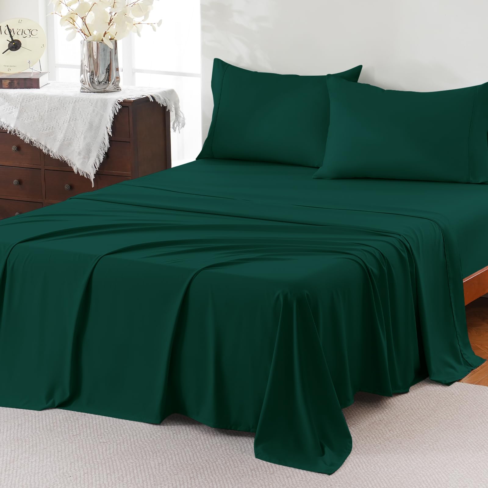 ChicView Full Sheet Set,4 Pieces Hotel Luxury Breathable Soft Microfiber Bedsheets, Anti Pilling Deep Pockets Easy Care Bed Sheets, Forest Green