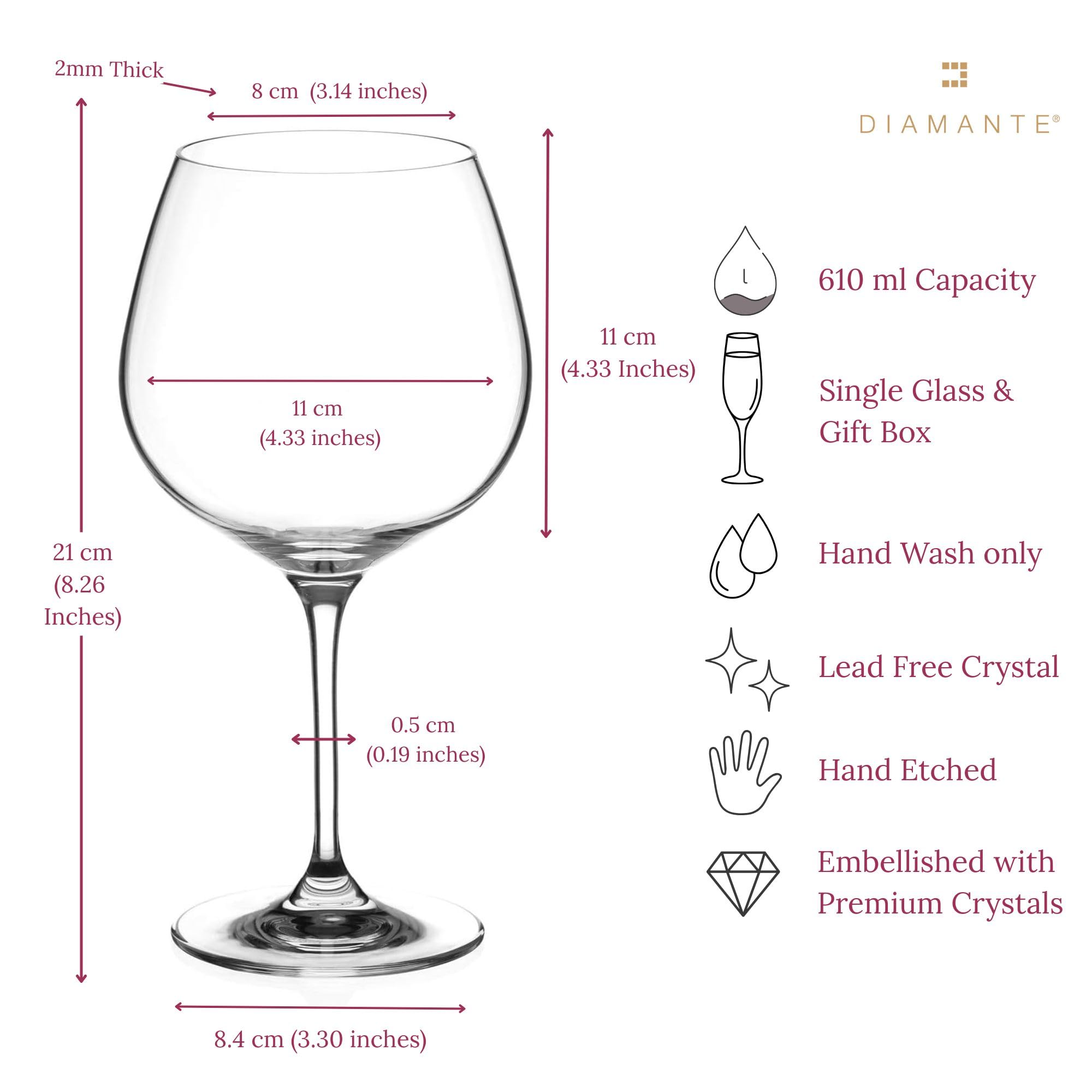 DIAMANTE Verre à gin rose avec motif silhouette rose – Verre coloré rose avec cristaux pour la Saint-Valentin, la fête des mères, Noël dans une boîte cadeau