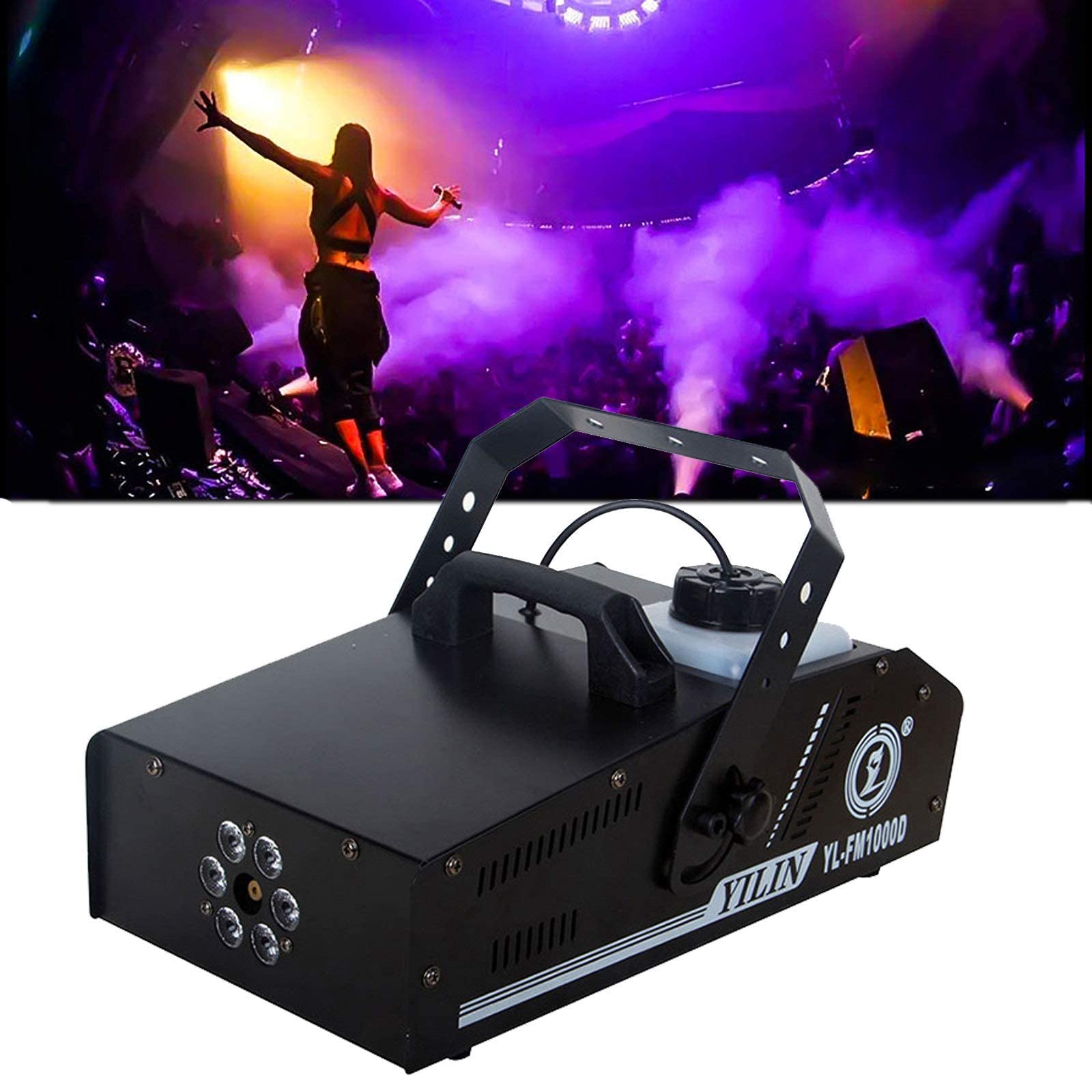 Máquina de Humo de 1000 W con Luces LED en Rojo, Azul, Verde, máquina de Humo portátil, Equipo de DJ, Control Remoto inalámbrico para Fiestas, Bodas, escenarios y Humo Espeso de Alta Capacidad, Negro