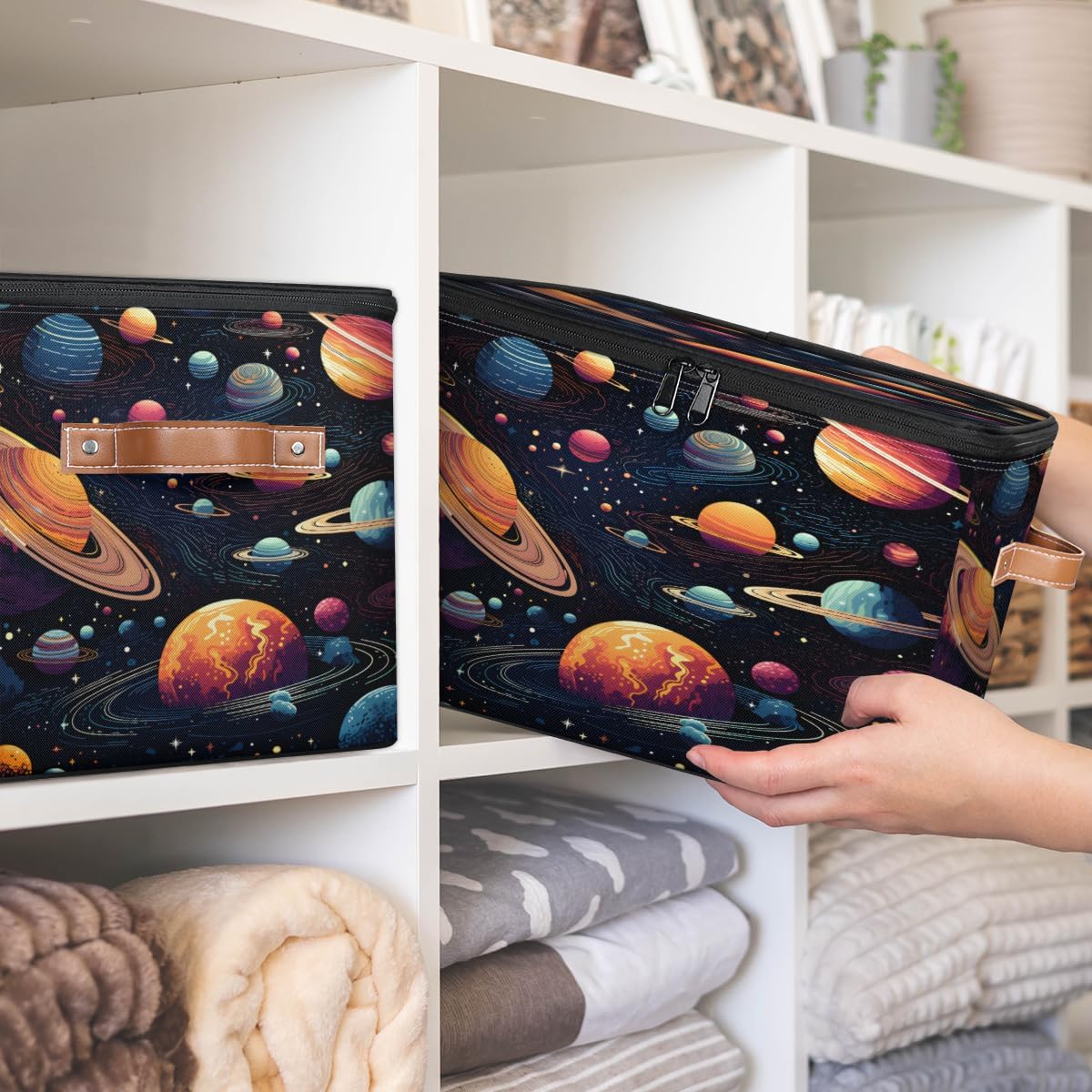 Storage Bin Set of 2 Universe Galaxy Storage Basket with Zipper Lid & Handle Foldable Closet Shelf 2 Pack Cloth Organizer Basket Cube Bins Clothes Organizer for Bedroom, Nursery