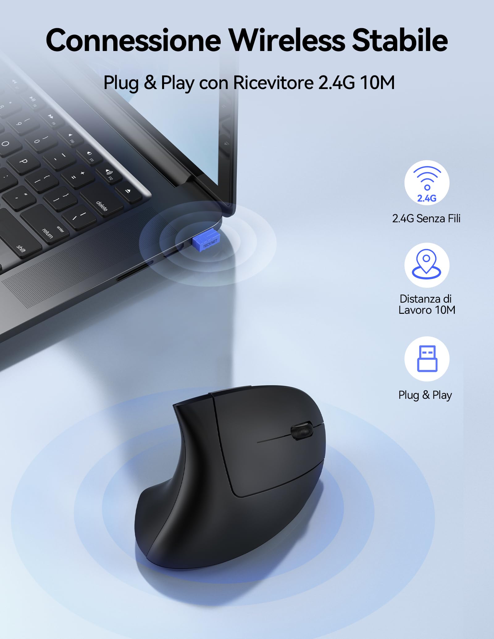 TECKNET Mouse Verticale Wireless Ricaricabile, 4800 DPI Mouse Ergonomico Silenzioso Senza Fili, 6 Pulsanti, 2.4GHz con Ricevitore USB per PC, Computer, Laptop, Mac, Nero