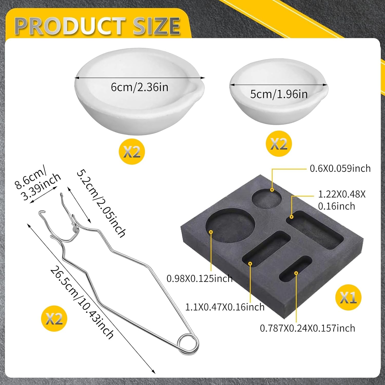 LAIAMER 7pcs Graphite Metal Melting Casting Kit, Including 2 Crucible Tongs, 5-in-1 Graphite Casting Ingot Mold, 4 Quartz Crucibles, Melting Metals Like Gold and Silver
