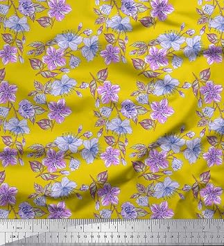 Soimoi Poly Georgette Yellow Fabric - by The Yard - 52 Inch Wide - Leaves & Artistic Flowers Luxe Textile - Delicate and Botanical Patterns for Stylish Apparel Printed Fabric