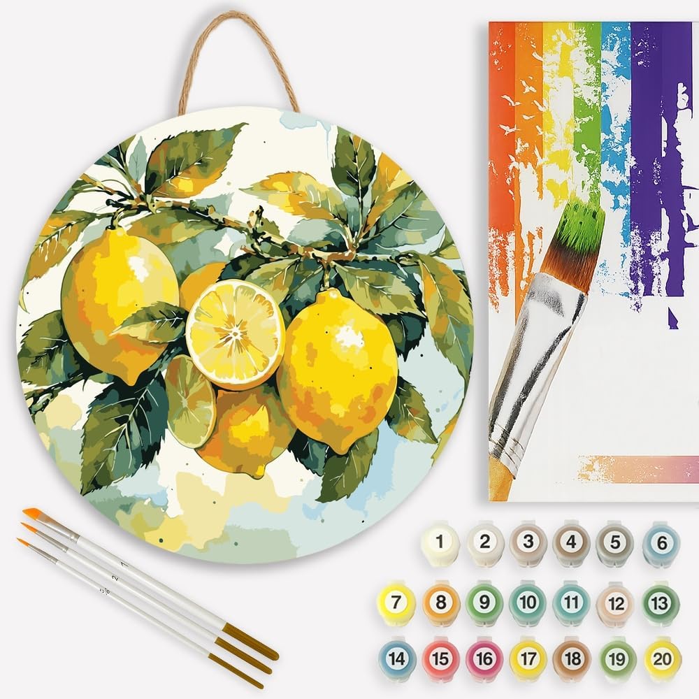 Fresh Lemons Paint by Numbers Kit for Adults on Wood Board – DIY Watercolor Lemons and Leaves Wood Craft Painting Kit, 12 in Round, Acrylic Paint Set, Beginner-Friendly, Relaxing Home Decor Gift