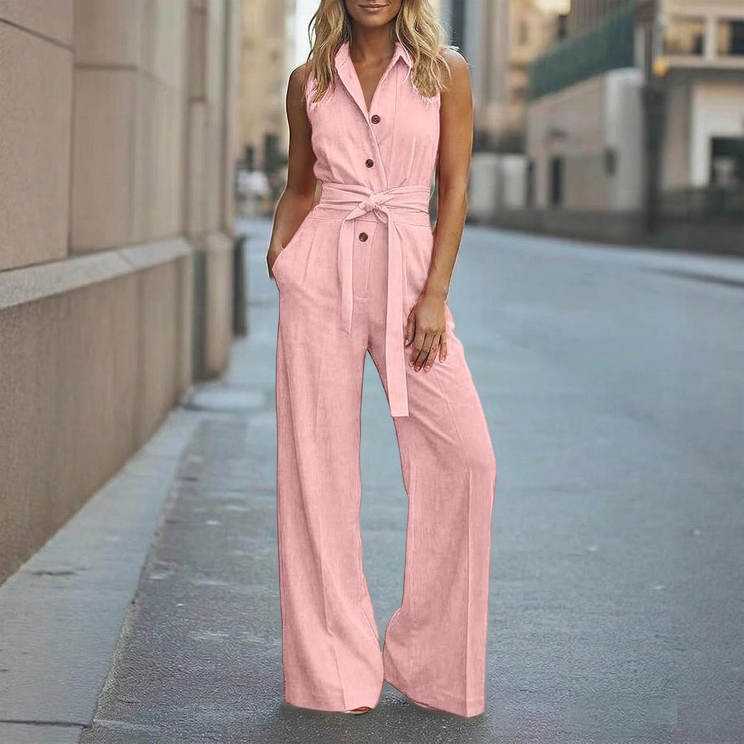 Wedding Guest Jumpsuit For Women Summer Wide Leg 2026 Sleeveless Tie Waist Coverall Button Down Long Pants Romper