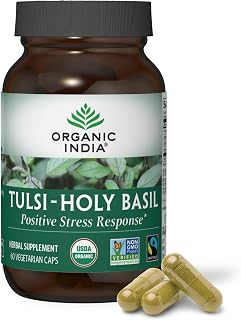 Organic India Tulsi Holy Basil Capsules: Stress Relief Adaptogen, Immune Boost, Vegan Organic Supplement - 60 Caps