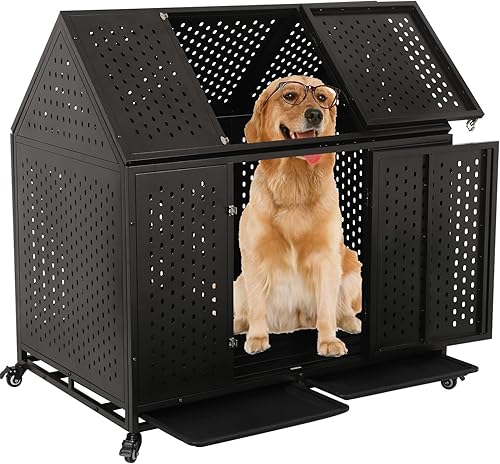 Jaula indestructible para perros de 44 pulgadas, resistente a prueba de escapes, jaula de acero fuerte con impacto para perros grandes y medianos,