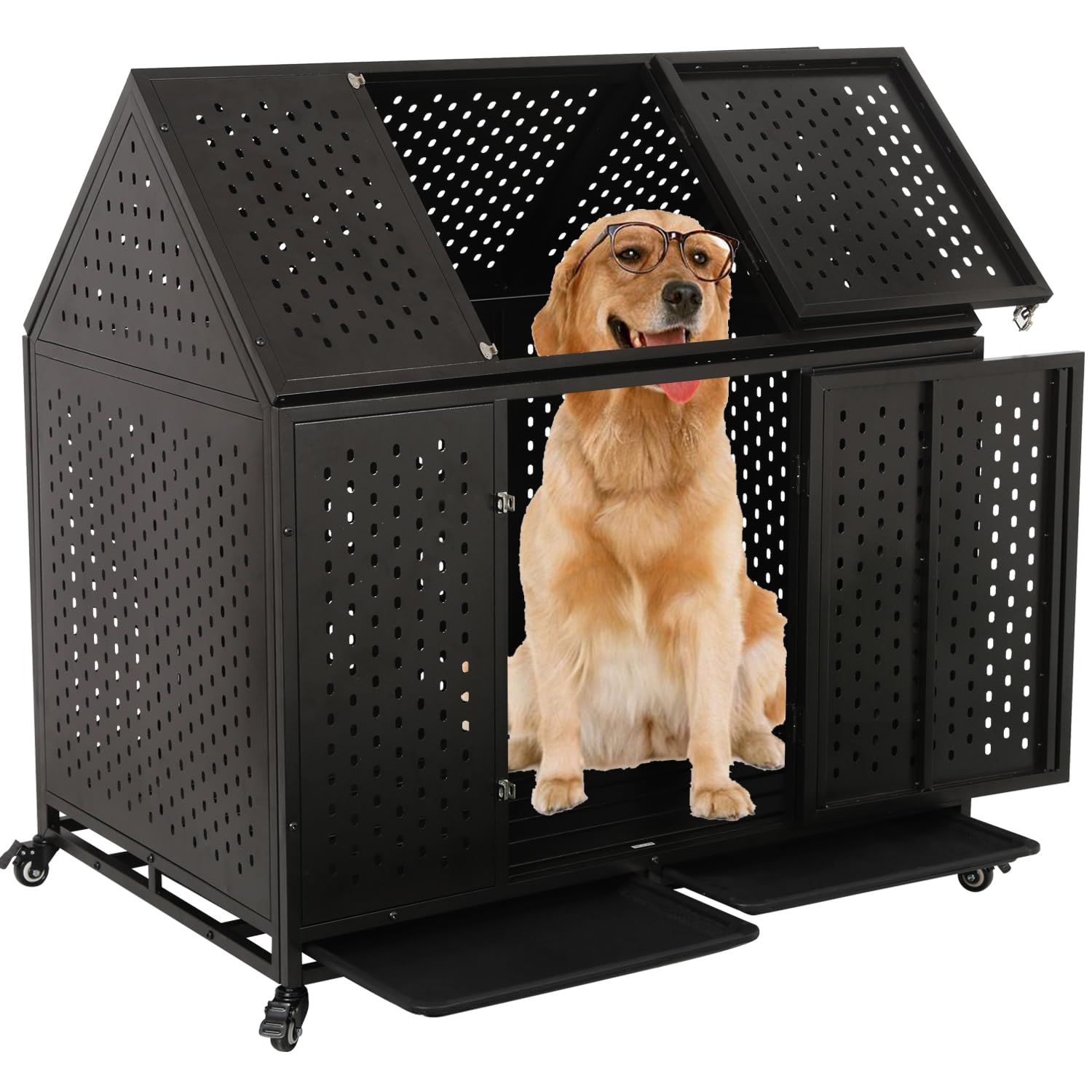 44 Inch Heavy Duty Dog Crate with 4 Wheels, Indestructible Escape-Proof Dog Kennel with Reinforce Locks and Double Door, High Anxiety Cage Indoor for
