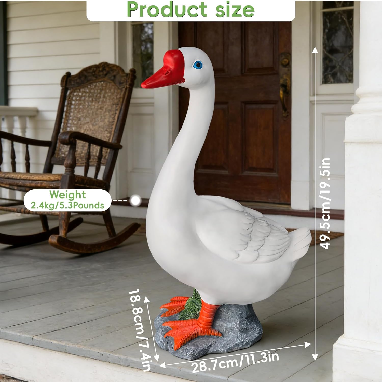 Large Porch Goose Statue for Outdoors - 19.5" Funny White Goose Resin Garden & Patio Decor, Handcrafted Lawn Ornament with Blue Eyes and Red Beak, Unique Gift for Any Home